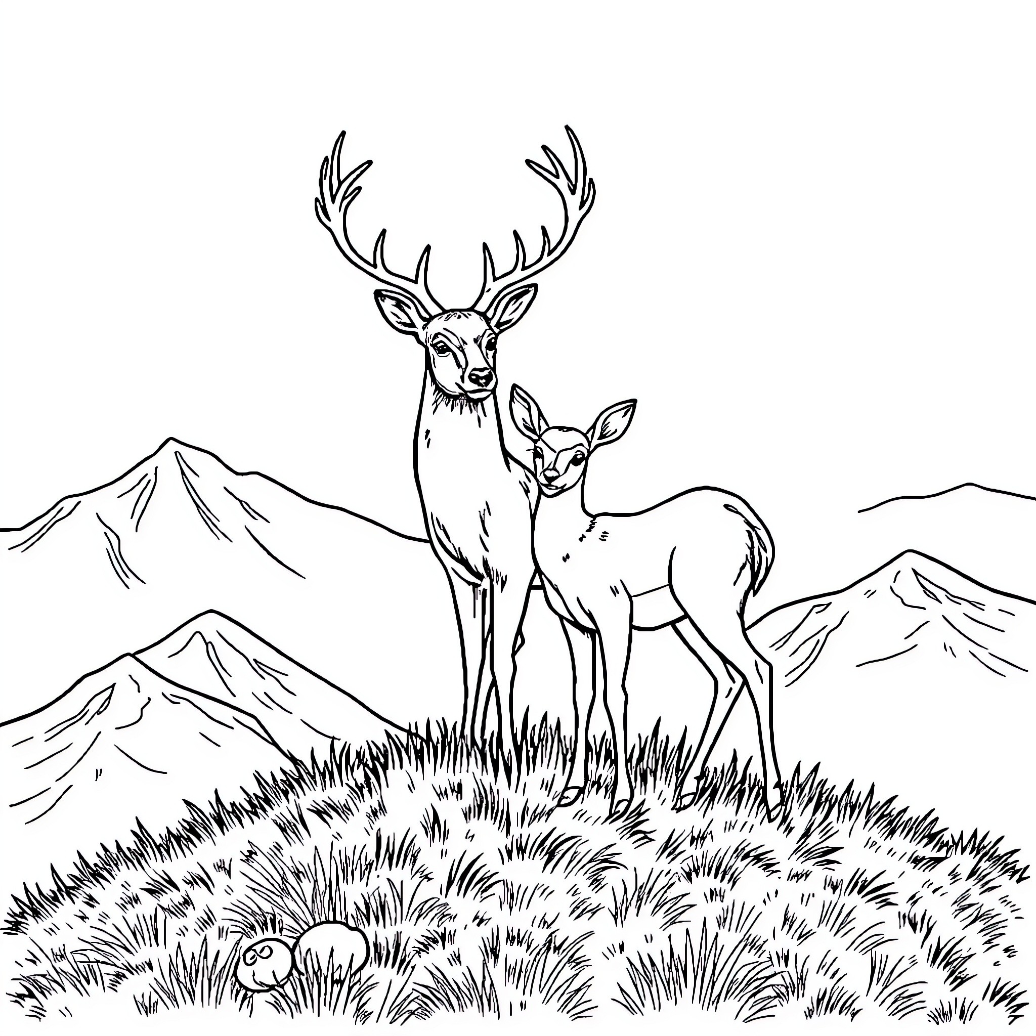 Deer standing proudly in the mountain landscape Coloring Page (free black-and-white line drawing printable PDF for all, from beginners to advanced learners, including children, teens, adults, and seniors)