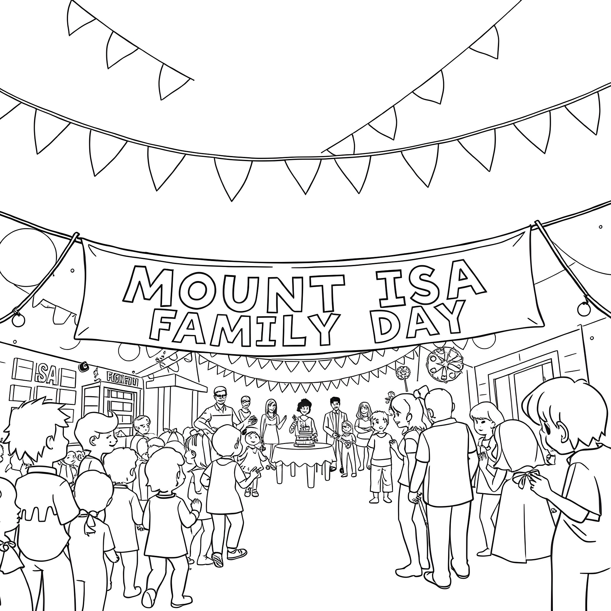 Bunting and banner at Mount Isa Family Day celebration Coloring Page (free black-and-white line drawing printable PDF for all, from beginners to advanced learners, including children, teens, adults, and seniors)