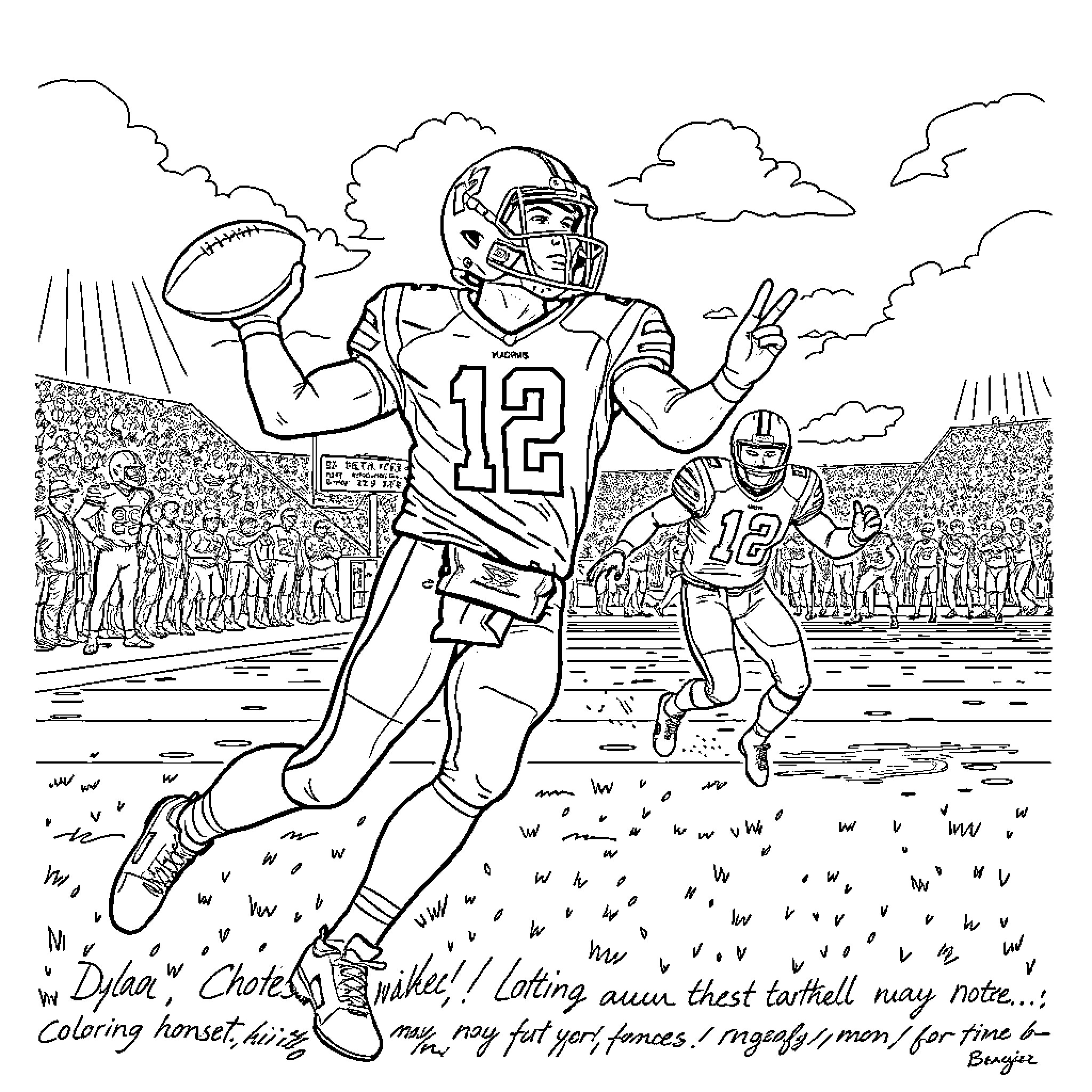 Dylan Riola: Football Player Celebrates Victory on the Field Coloring Page (free black-and-white line drawing printable PDF for all, from beginners to advanced learners, including children, teens, adults, and seniors)