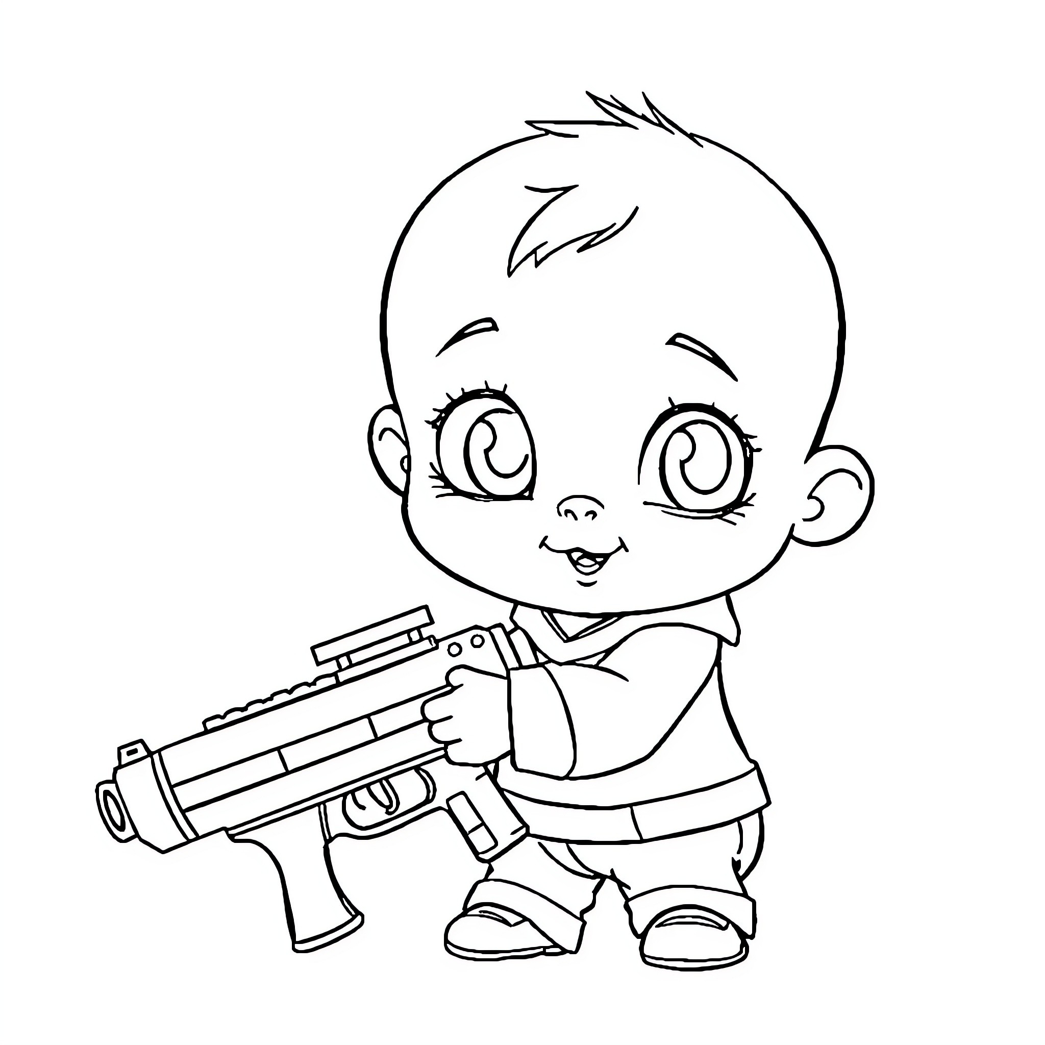 Baby playing with toy gun Coloring Page (free black-and-white line drawing printable PDF for all, from beginners to advanced learners, including children, teens, adults, and seniors)