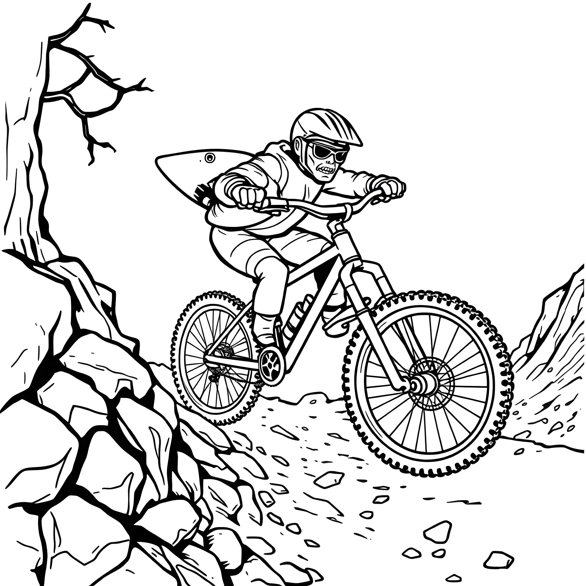 Shark Rider jumping off cliff on mountain bike Coloring Page (free black-and-white line drawing printable PDF for all, from beginners to advanced learners, including children, teens, adults, and seniors)