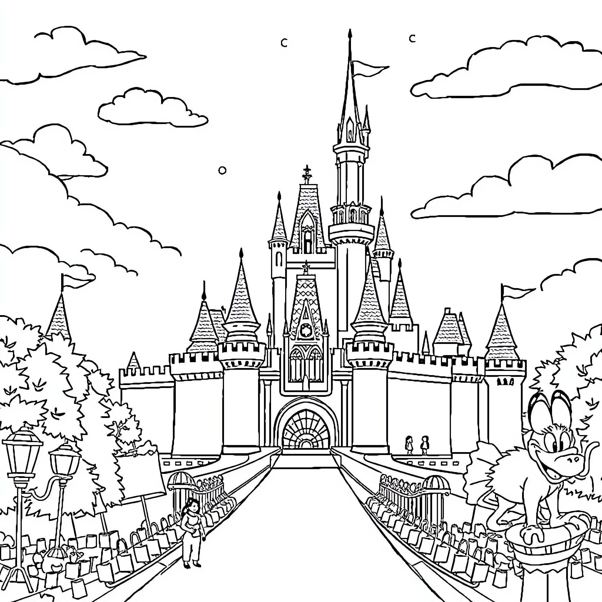 Disney Castle with Whimsical Surroundings Coloring Page (free black-and-white line drawing printable PDF for all, from beginners to advanced learners, including children, teens, adults, and seniors)