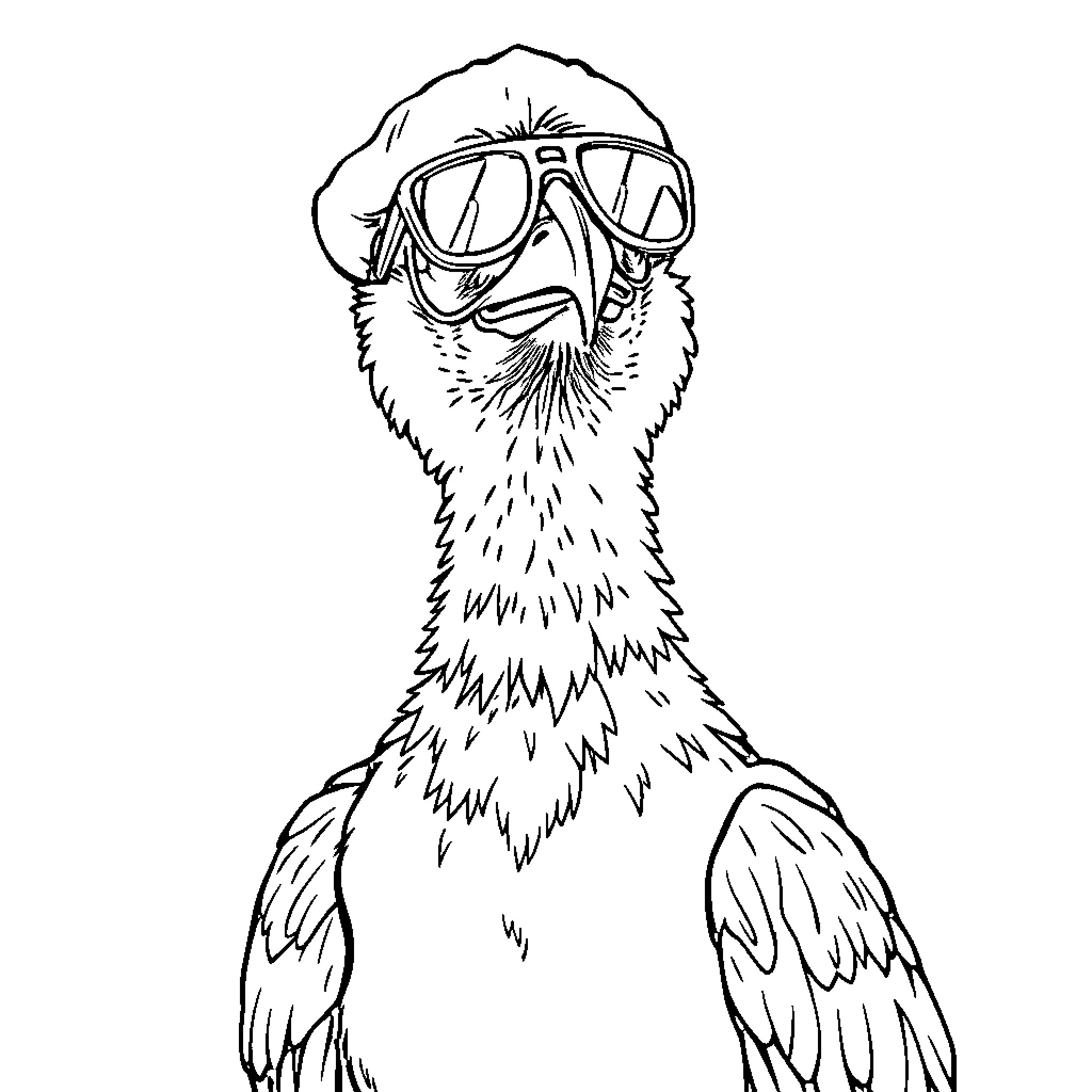 Vulture wearing snorkel mask and diving gear Coloring Page (free black-and-white line drawing printable PDF for all, from beginners to advanced learners, including children, teens, adults, and seniors)