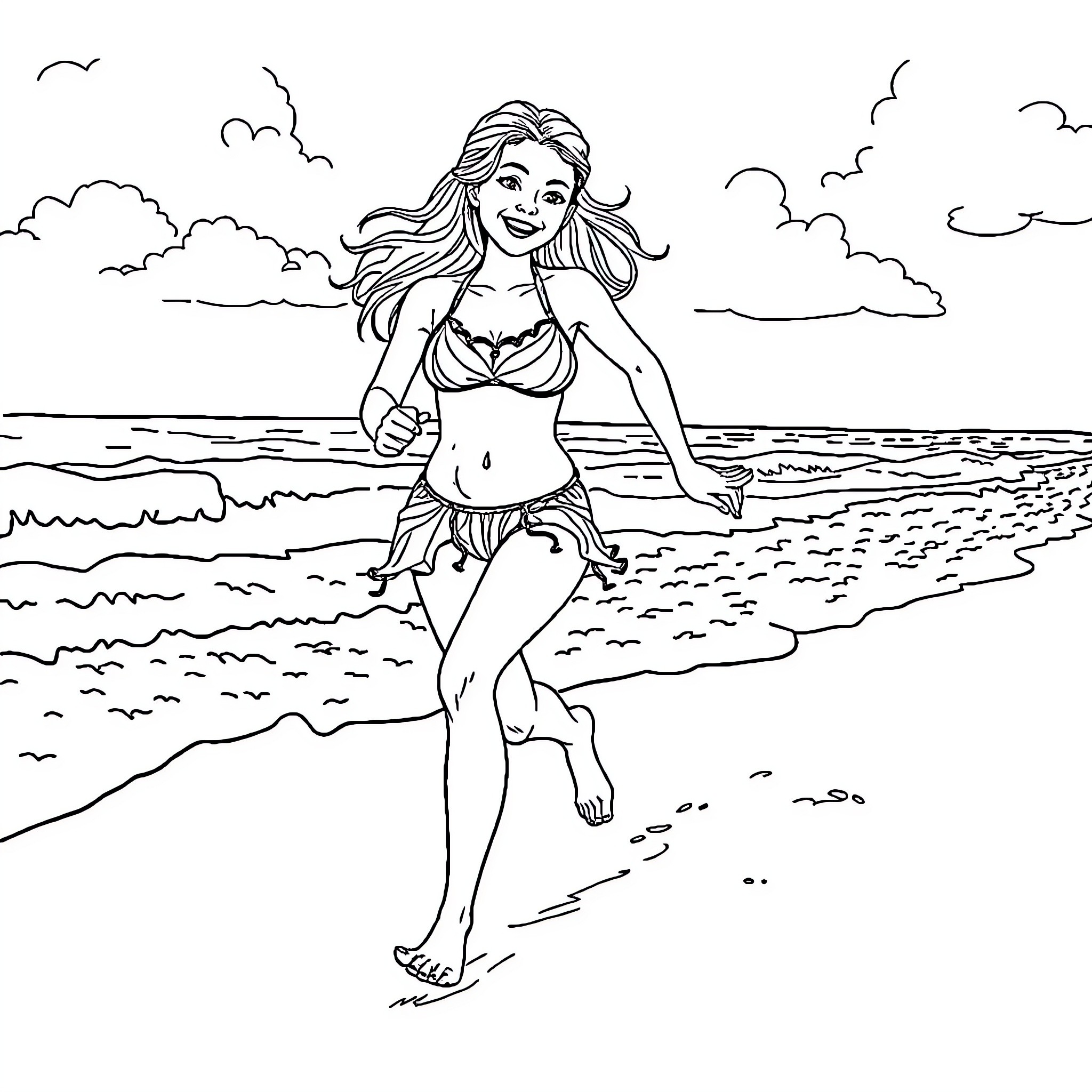 Girl playing joyfully on the beach Coloring Page (free black-and-white line drawing printable PDF for all, from beginners to advanced learners, including children, teens, adults, and seniors)