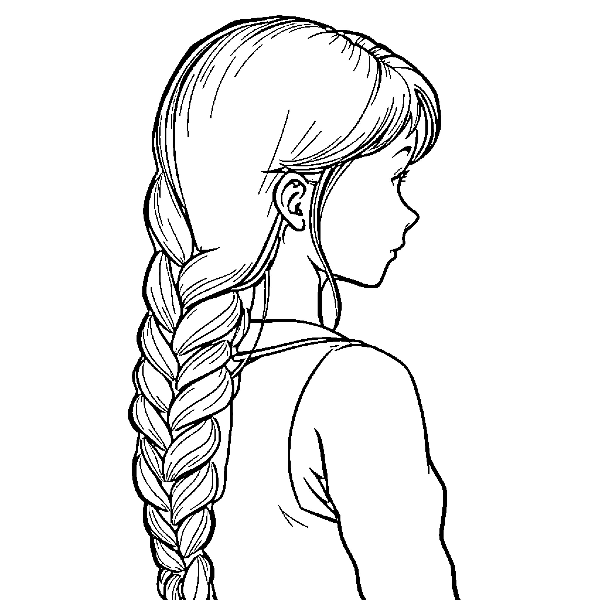 Girl with long braided hairstyle Coloring Page (free black-and-white line drawing printable PDF for all, from beginners to advanced learners, including children, teens, adults, and seniors)