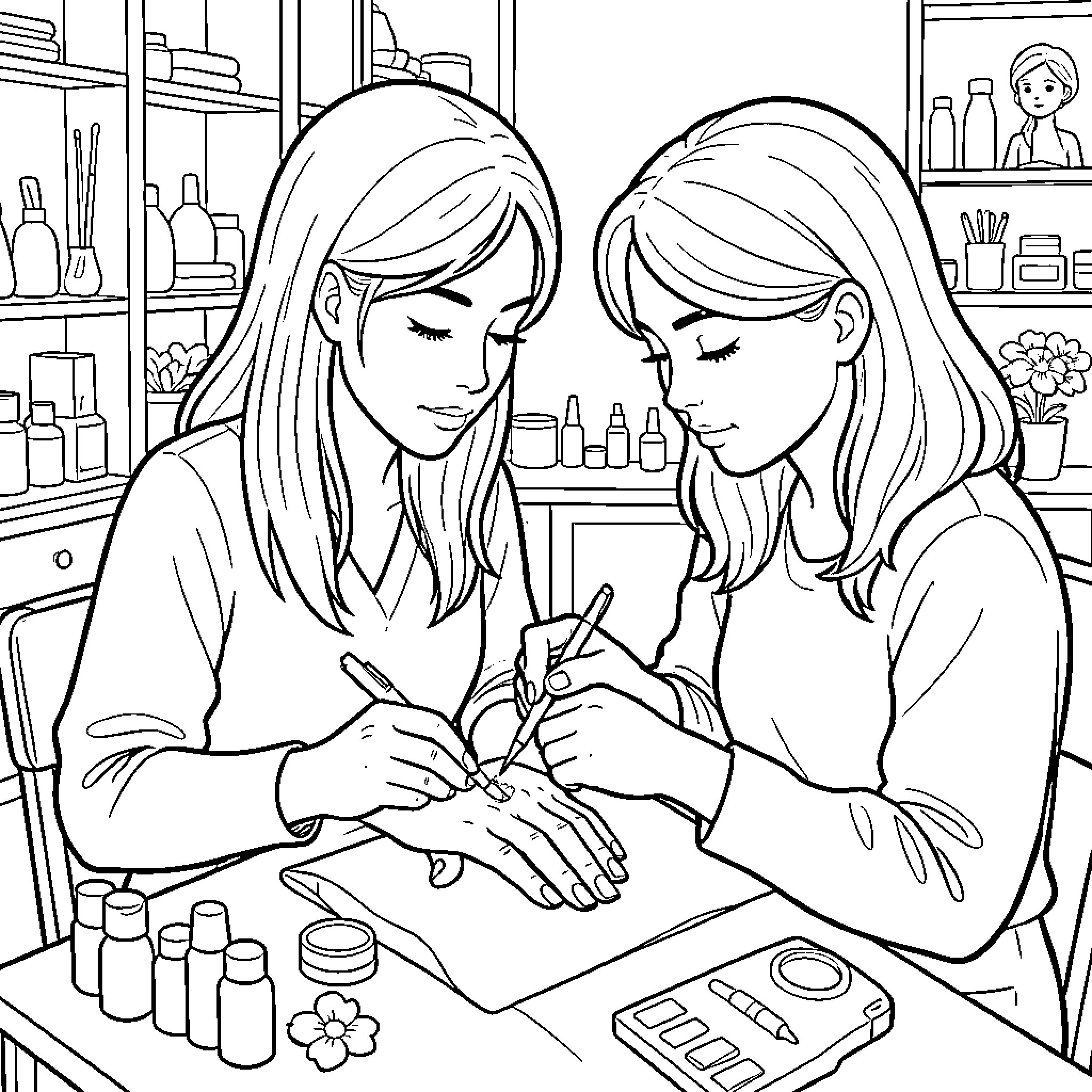 Manicure professional applying nail art to a client Coloring Page (free black-and-white line drawing printable PDF for all, from beginners to advanced learners, including children, teens, adults, and seniors)
