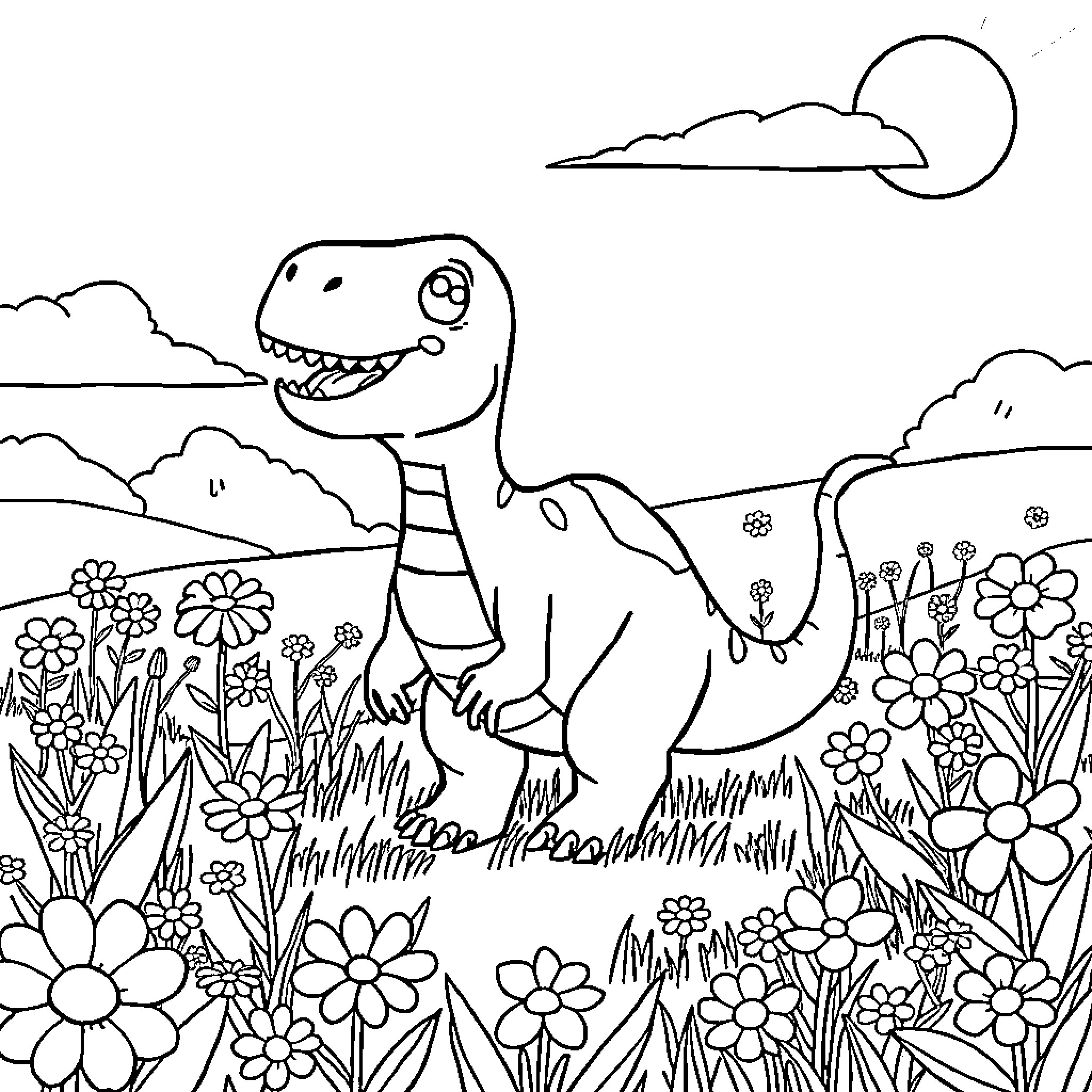 Dinosaur enjoying flowers on a sunny day Coloring Page (free black-and-white line drawing printable PDF for all, from beginners to advanced learners, including children, teens, adults, and seniors)