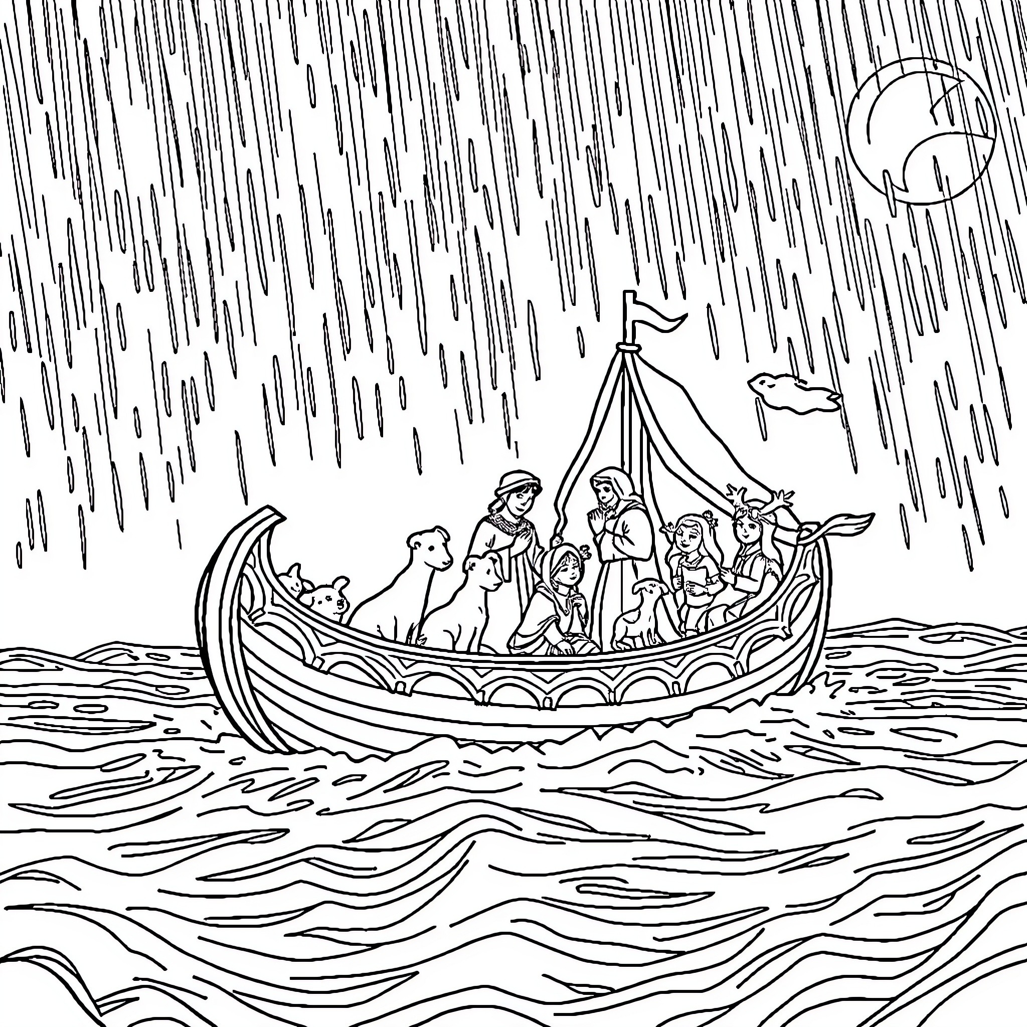 Arca de Noé - People and animals sailing in stormy sea Coloring Page (free black-and-white line drawing printable PDF for all, from beginners to advanced learners, including children, teens, adults, and seniors)
