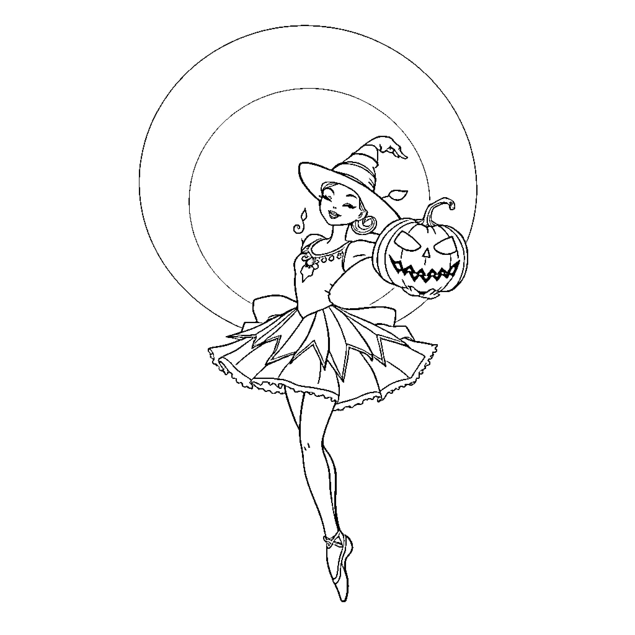 Ballet Dancer in Whimsical Pumpkin Costume Coloring Page (free black-and-white line drawing printable PDF for all, from beginners to advanced learners, including children, teens, adults, and seniors)