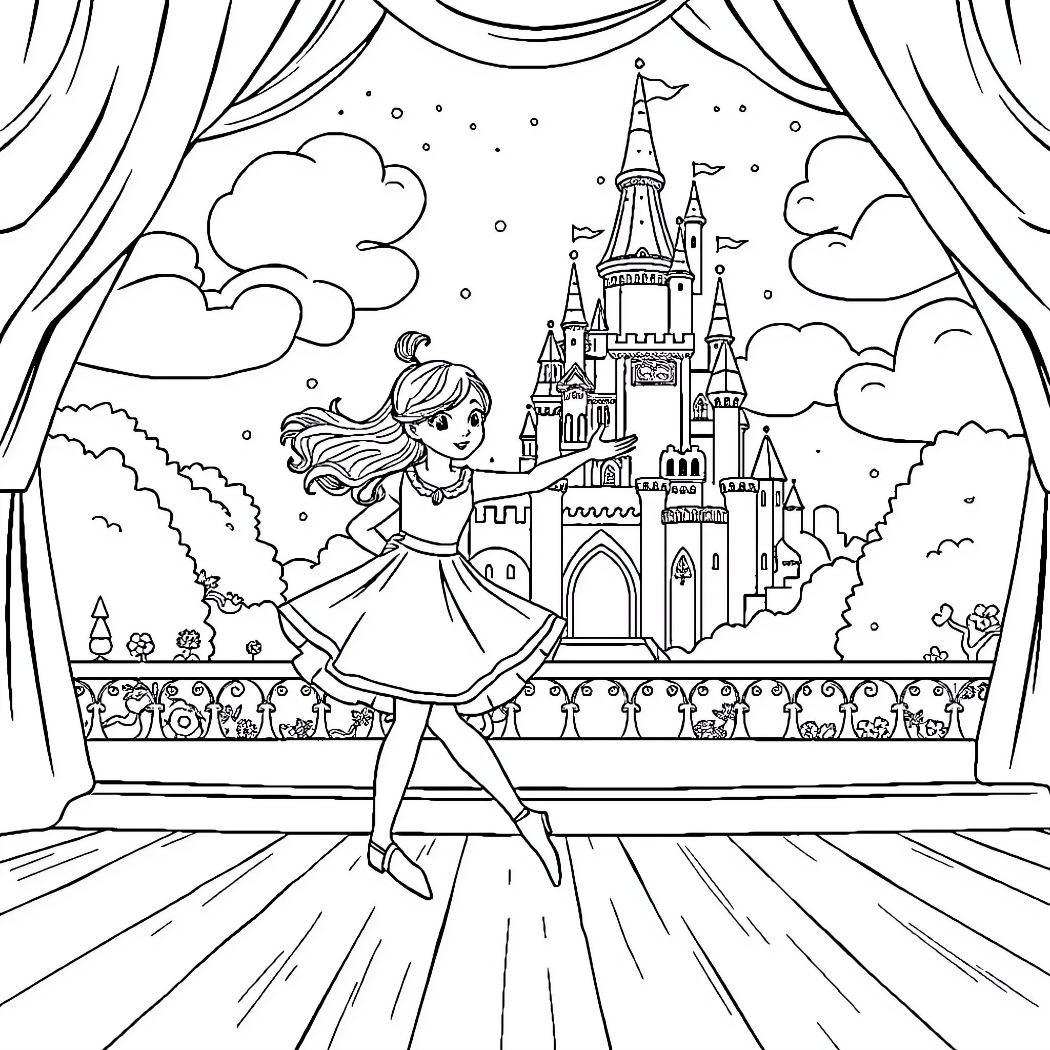 Girl in a Magical Castle Dress Coloring Page (free black-and-white line drawing printable PDF for all, from beginners to advanced learners, including children, teens, adults, and seniors)