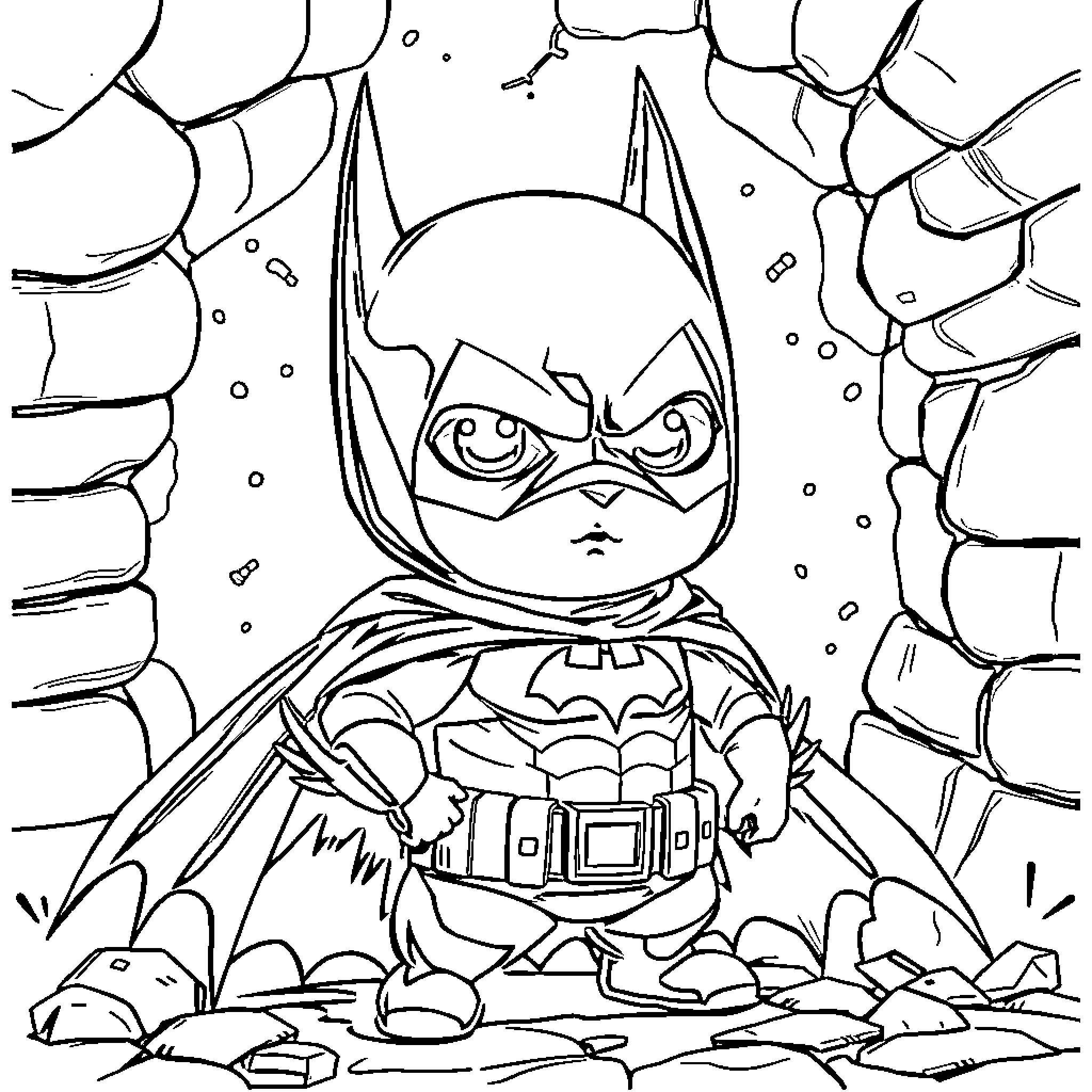 Chancho in Superhero Costume on Cracked Ground Coloring Page (free black-and-white line drawing printable PDF for all, from beginners to advanced learners, including children, teens, adults, and seniors)