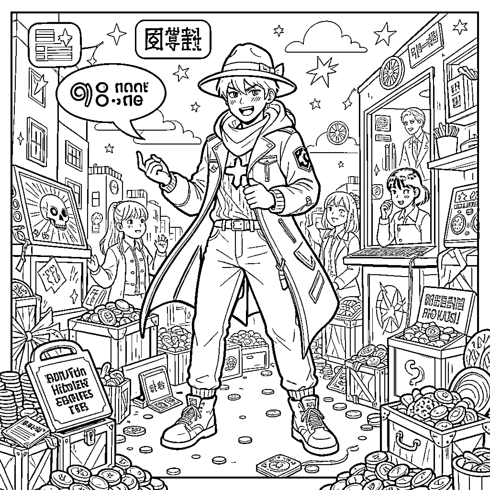 Kpop Hunter Discovers Exciting Kpop Merchandise Coloring Page (free black-and-white line drawing printable PDF for all, from beginners to advanced learners, including children, teens, adults, and seniors)