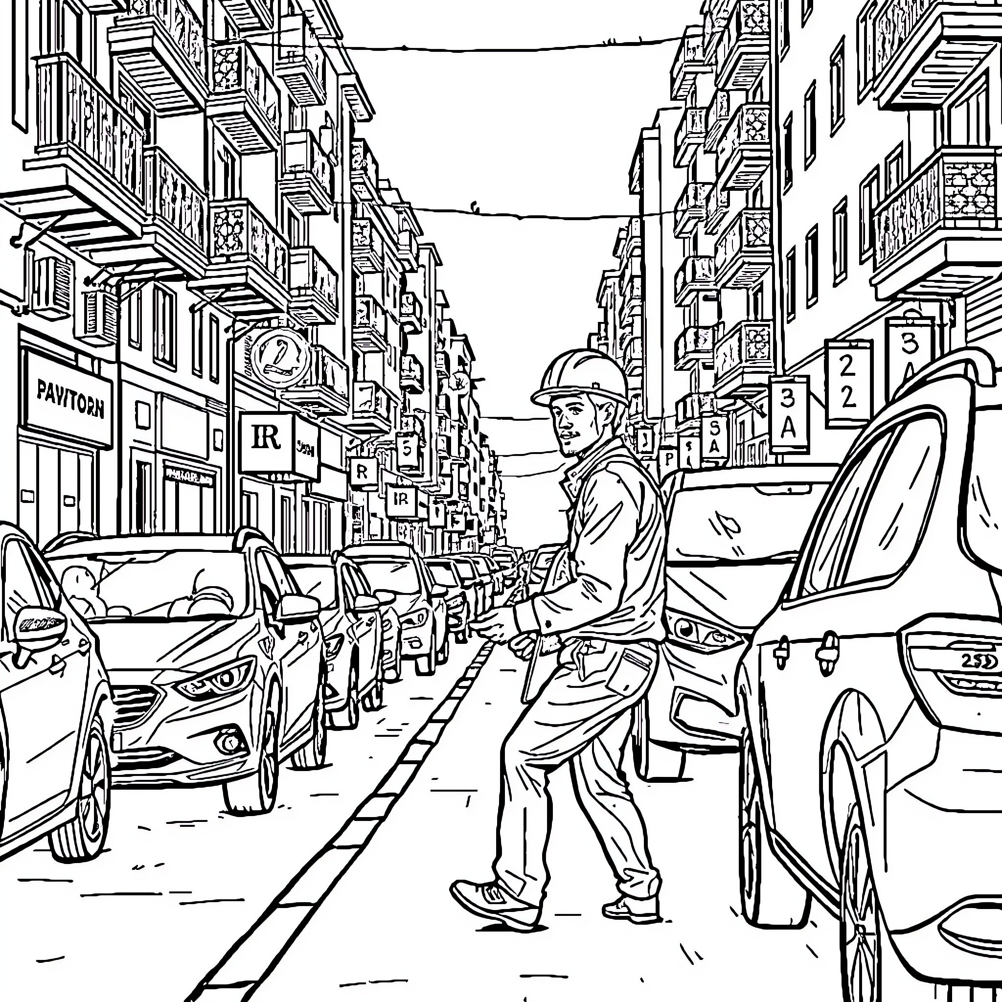 Hombre navigates crowded urban street filled with buildings and vehicles Coloring Page (free black-and-white line drawing printable PDF for all, from beginners to advanced learners, including children, teens, adults, and seniors)