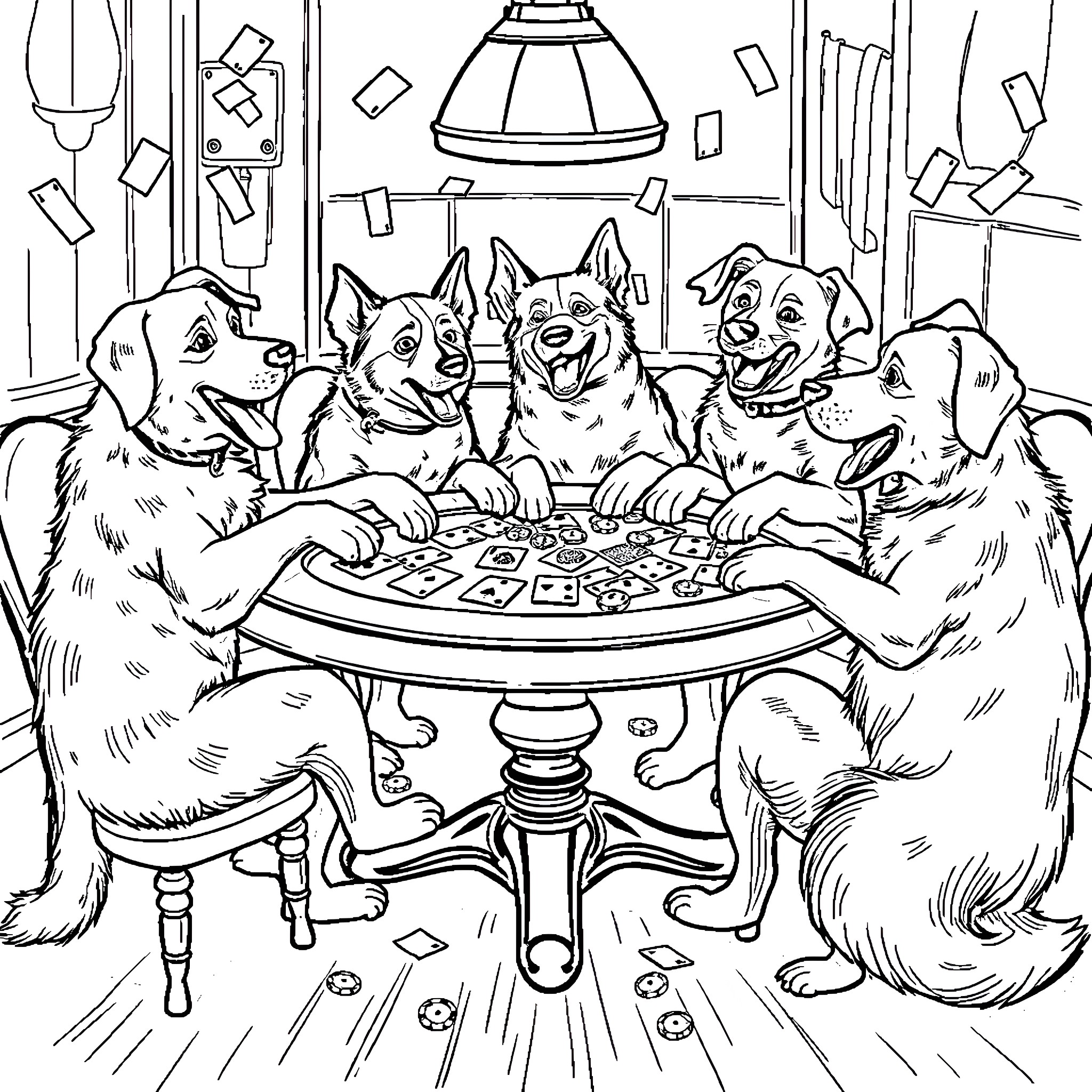 Dog friends playing a board game together Coloring Page (free black-and-white line drawing printable PDF for all, from beginners to advanced learners, including children, teens, adults, and seniors)