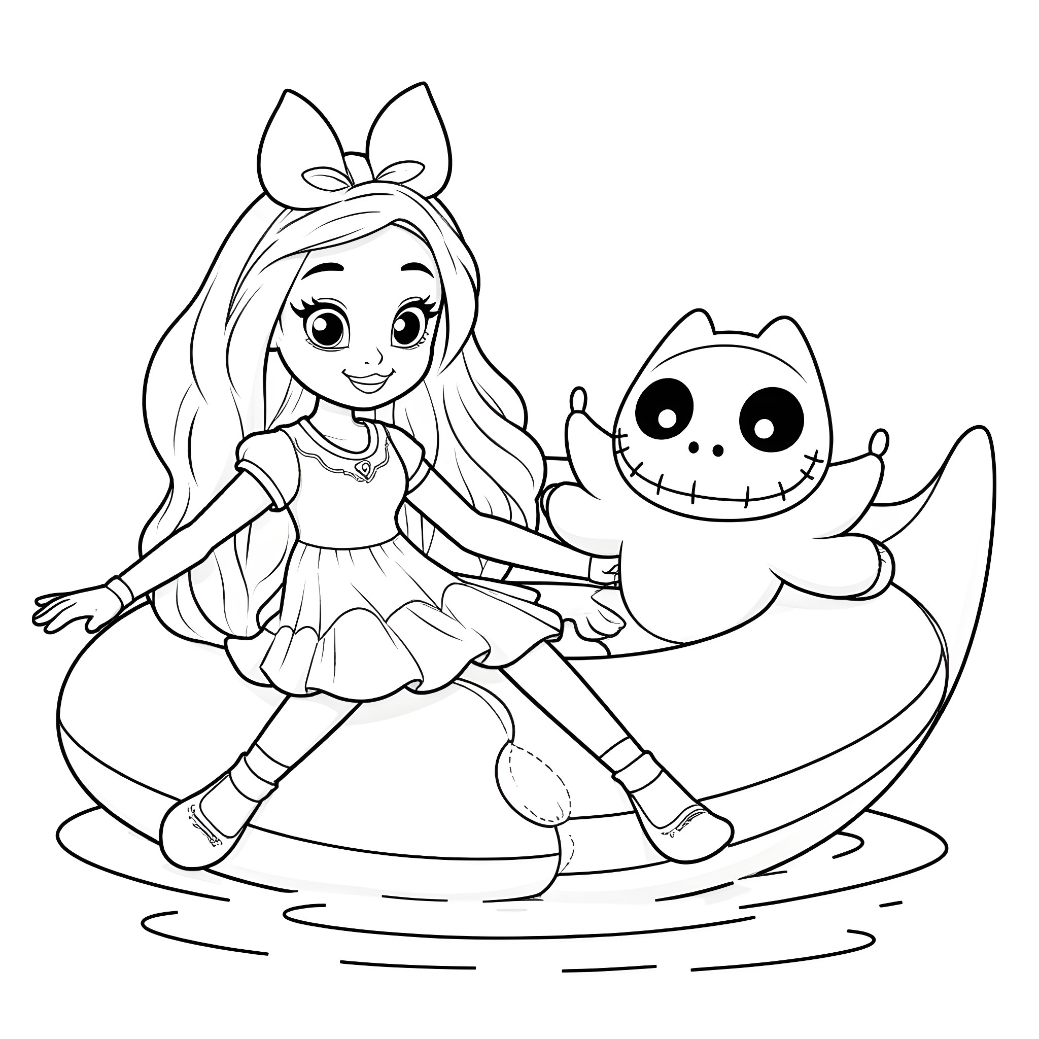 Gabby playing with her cute monster friend Coloring Page (free black-and-white line drawing printable PDF for all, from beginners to advanced learners, including children, teens, adults, and seniors)