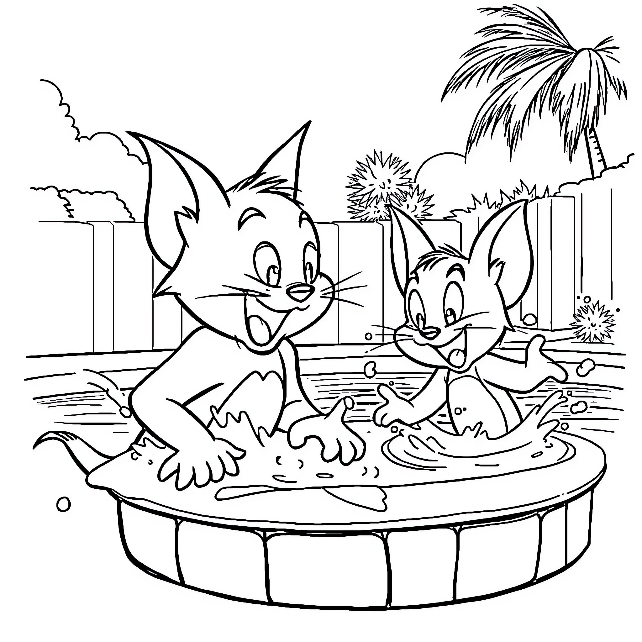 Tom and Jerry splashing around in a pool Coloring Page (free black-and-white line drawing printable PDF for all, from beginners to advanced learners, including children, teens, adults, and seniors)