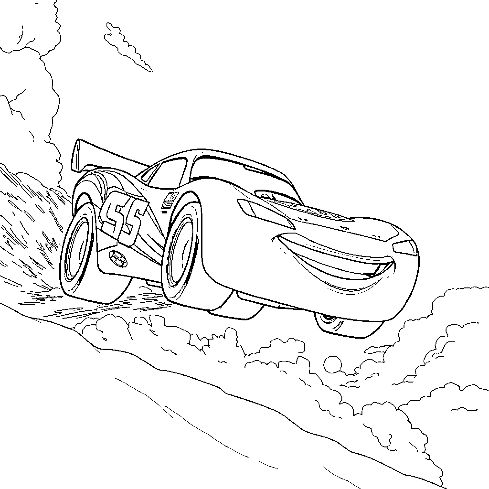 Lightning McQueen racing through the storm Coloring Page (free black-and-white line drawing printable PDF for all, from beginners to advanced learners, including children, teens, adults, and seniors)