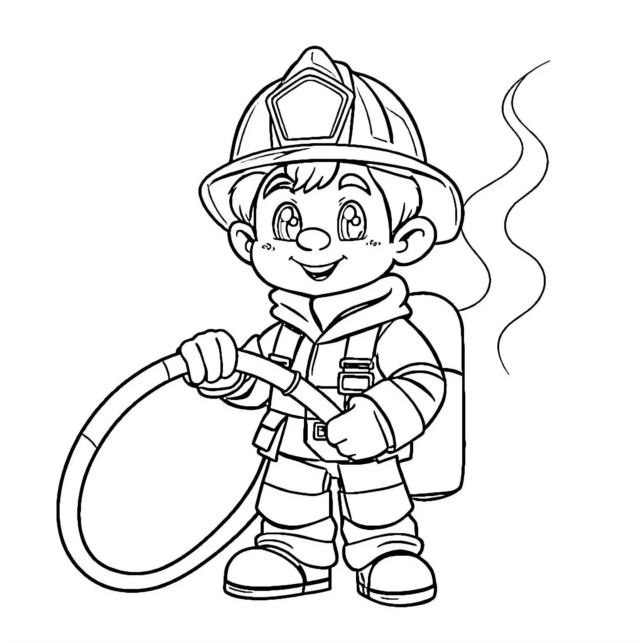 Firefighter Holding Hose with Smile Coloring Page (free black-and-white line drawing printable PDF for all, from beginners to advanced learners, including children, teens, adults, and seniors)
