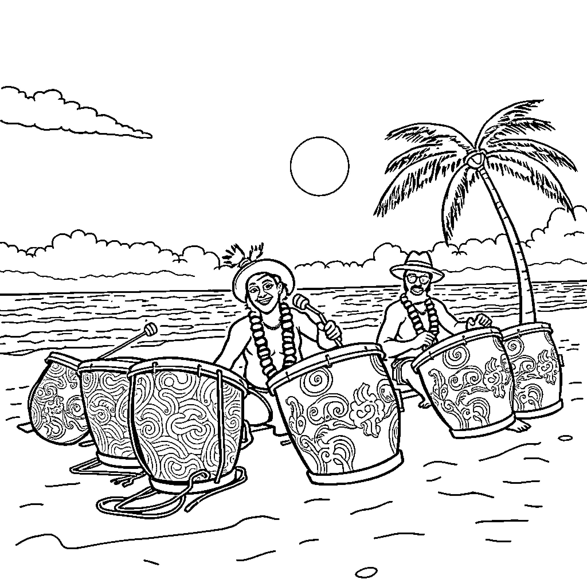 Ratafarian figures paddle through tropical waters Coloring Page (free black-and-white line drawing printable PDF for all, from beginners to advanced learners, including children, teens, adults, and seniors)