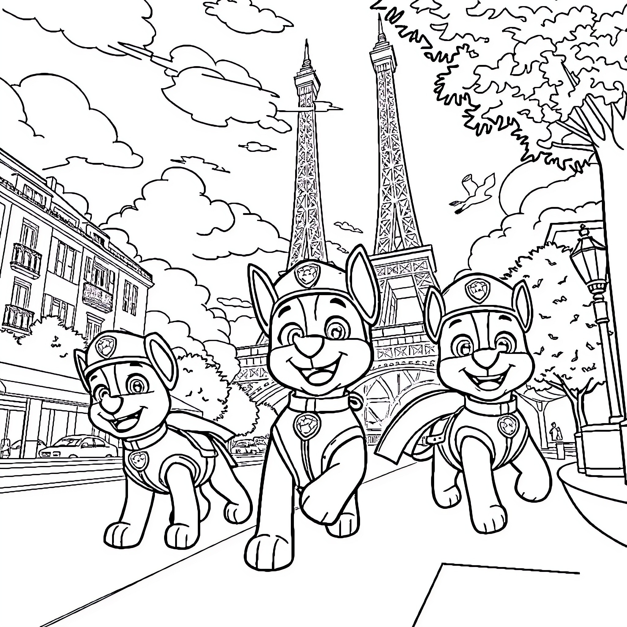 Paw Patrol Exploring the Eiffel Tower Coloring Page (free black-and-white line drawing printable PDF for all, from beginners to advanced learners, including children, teens, adults, and seniors)