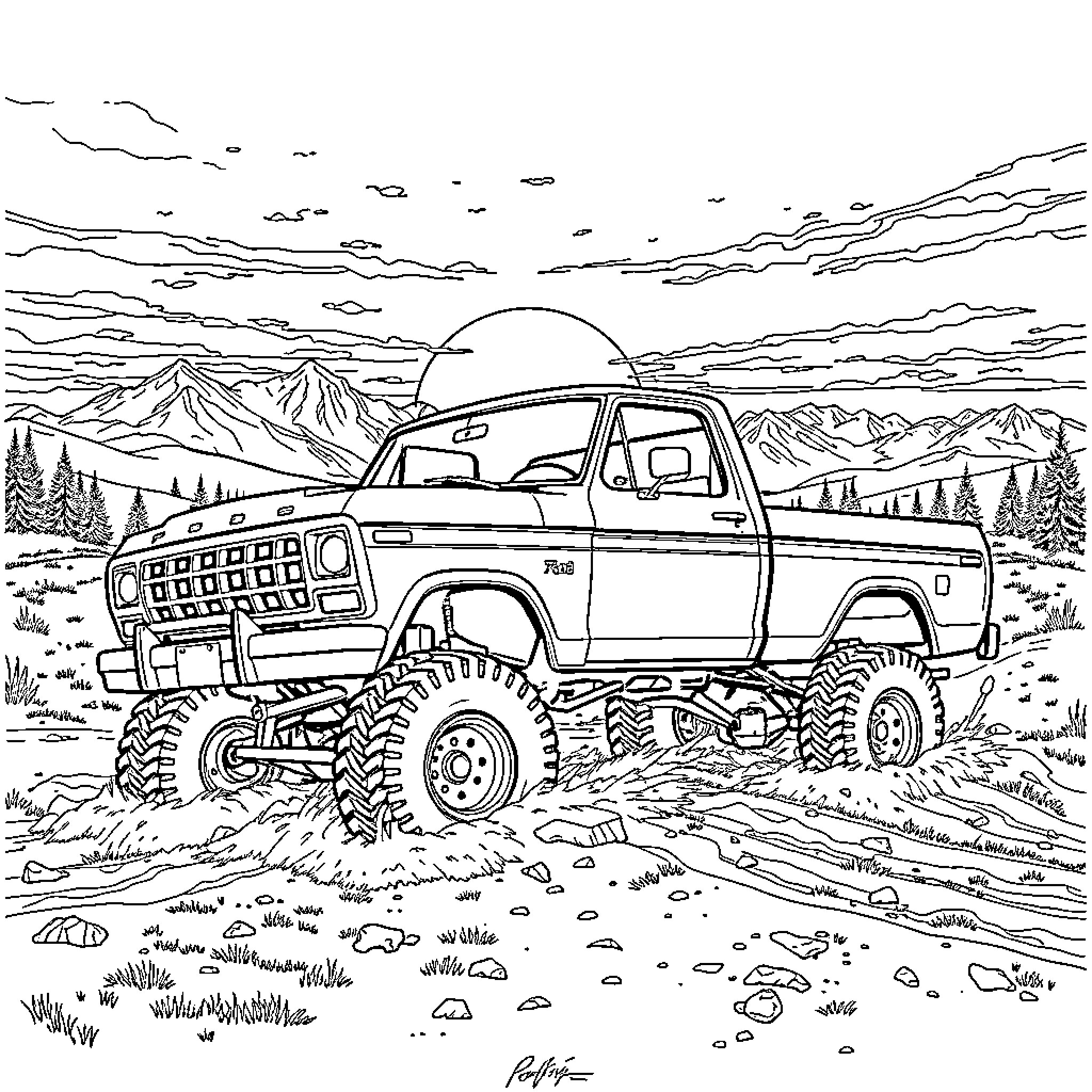 Ford Rugged Truck Navigating Mountain Terrain Coloring Page (free black-and-white line drawing printable PDF for all, from beginners to advanced learners, including children, teens, adults, and seniors)