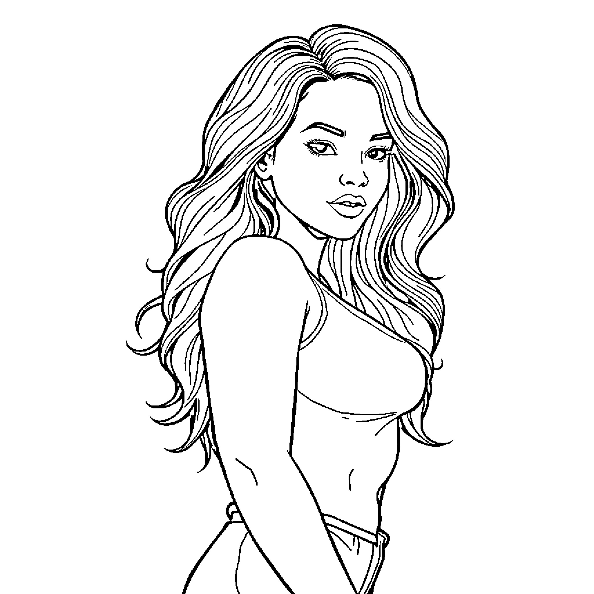 Woman with flowing hair and confident expression Coloring Page (free black-and-white line drawing printable PDF for all, from beginners to advanced learners, including children, teens, adults, and seniors)