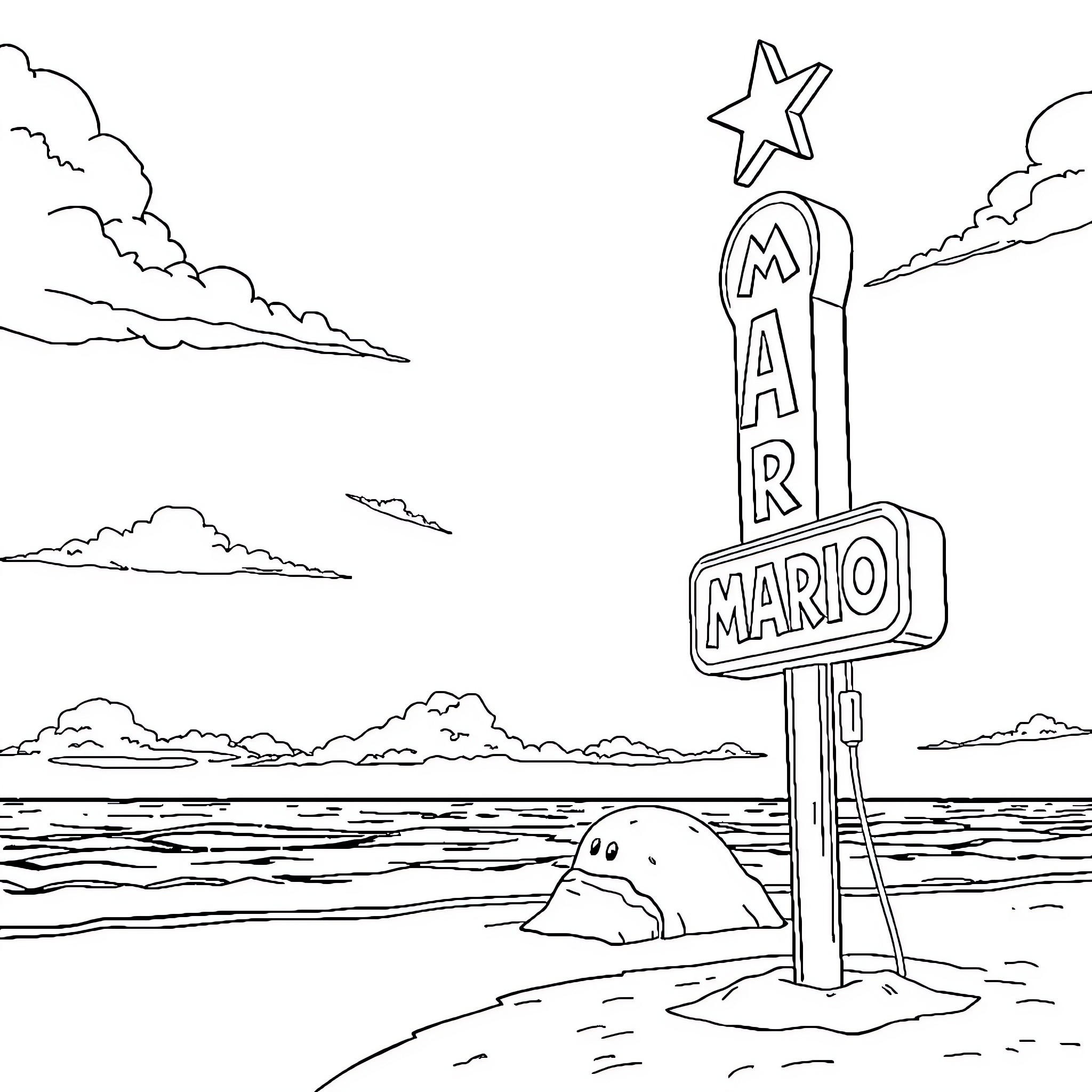 Mario swimming in the ocean under a starry sky Coloring Page (free black-and-white line drawing printable PDF for all, from beginners to advanced learners, including children, teens, adults, and seniors)