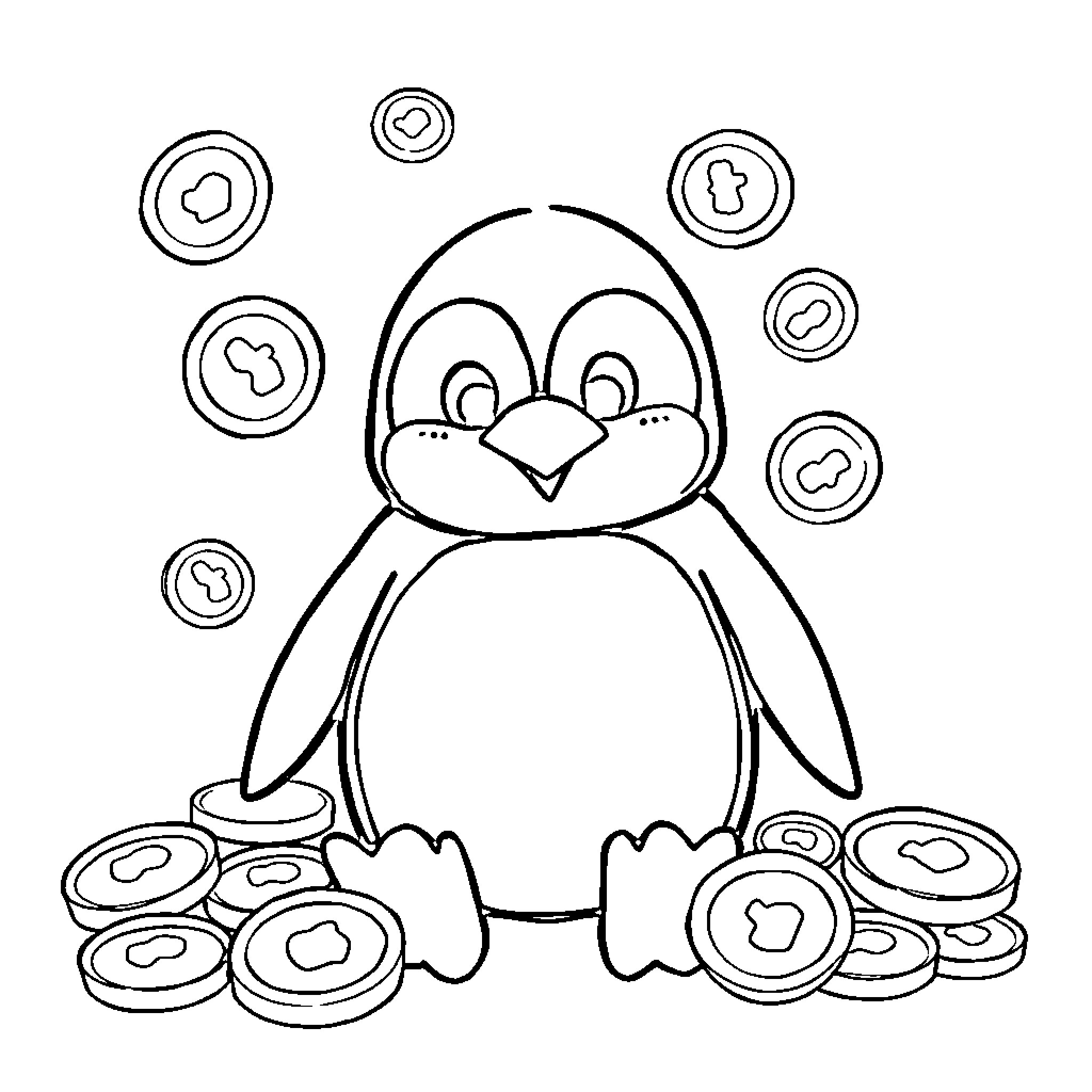 Penguin surrounded by sweets and treats Coloring Page (free black-and-white line drawing printable PDF for all, from beginners to advanced learners, including children, teens, adults, and seniors)