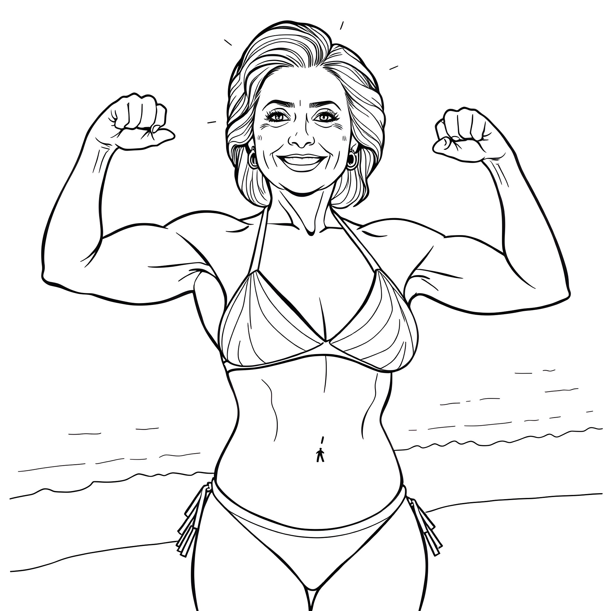 Hillary Clinton Flexing Her Muscles on the Beach Coloring Page (free black-and-white line drawing printable PDF for all, from beginners to advanced learners, including children, teens, adults, and seniors)