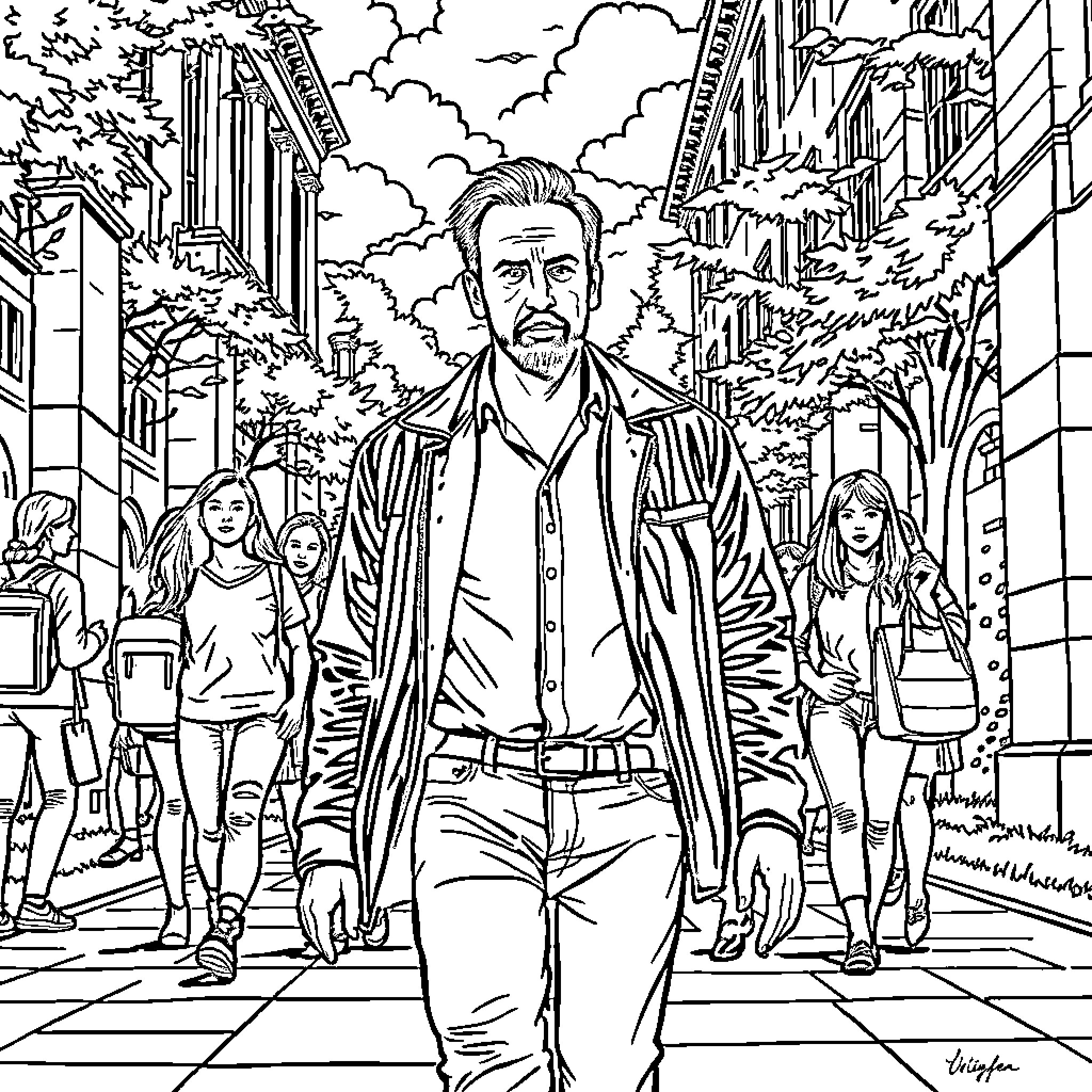 Nicolas Cage Strolls Through a Vibrant City Scene Coloring Page (free black-and-white line drawing printable PDF for all, from beginners to advanced learners, including children, teens, adults, and seniors)