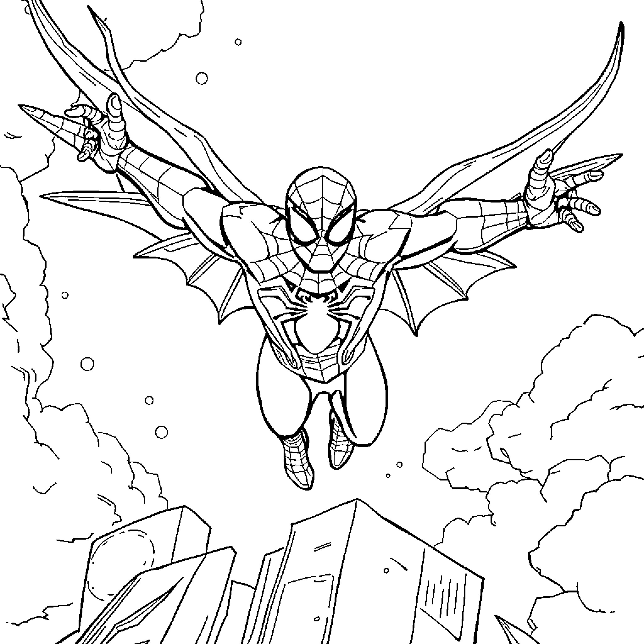 Spider-Man soaring heroically over city skyline Coloring Page (free black-and-white line drawing printable PDF for all, from beginners to advanced learners, including children, teens, adults, and seniors)