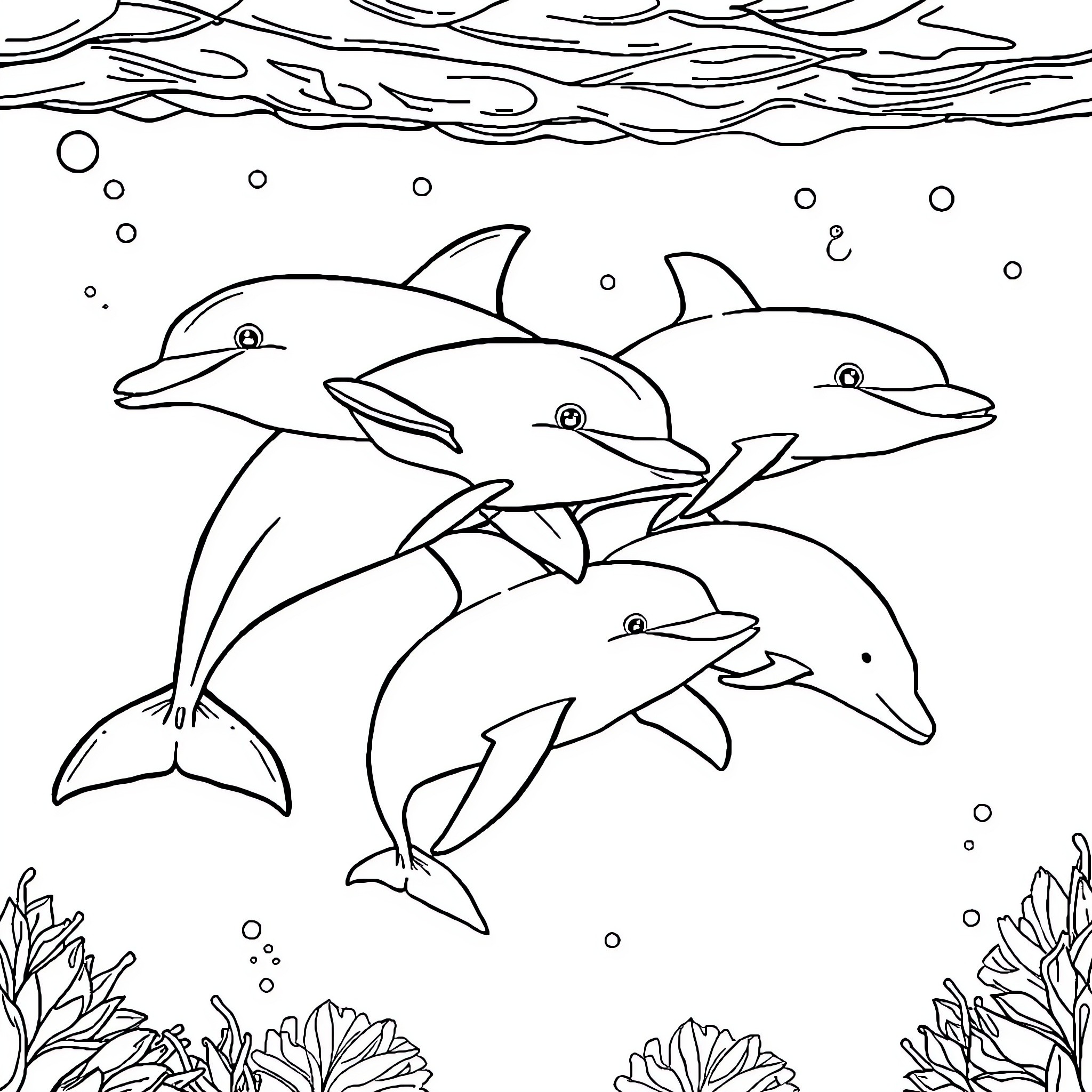 Dolphin family swimming in the ocean Coloring Page (free black-and-white line drawing printable PDF for all, from beginners to advanced learners, including children, teens, adults, and seniors)