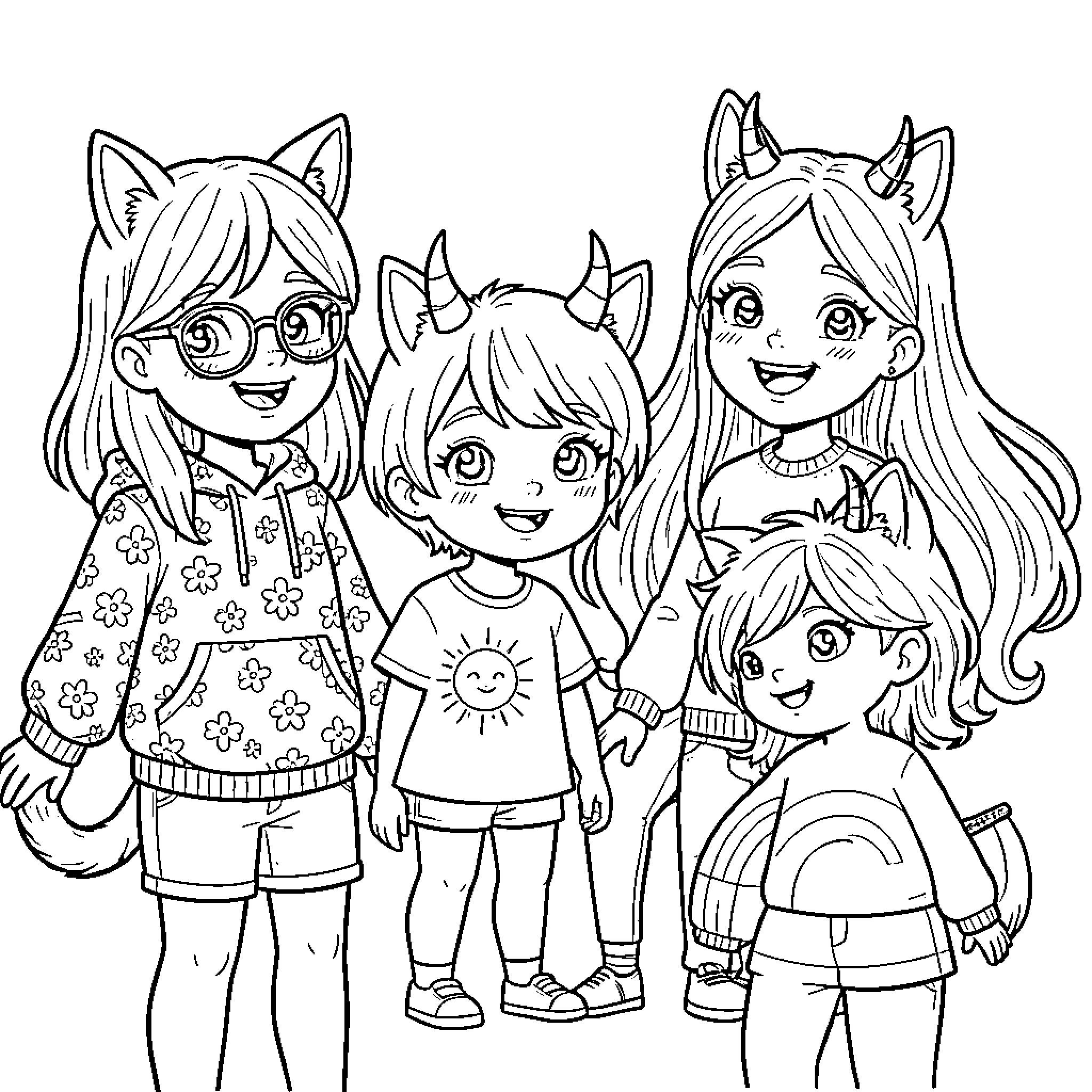 Fille friends enjoying a day together Coloring Page (free black-and-white line drawing printable PDF for all, from beginners to advanced learners, including children, teens, adults, and seniors)