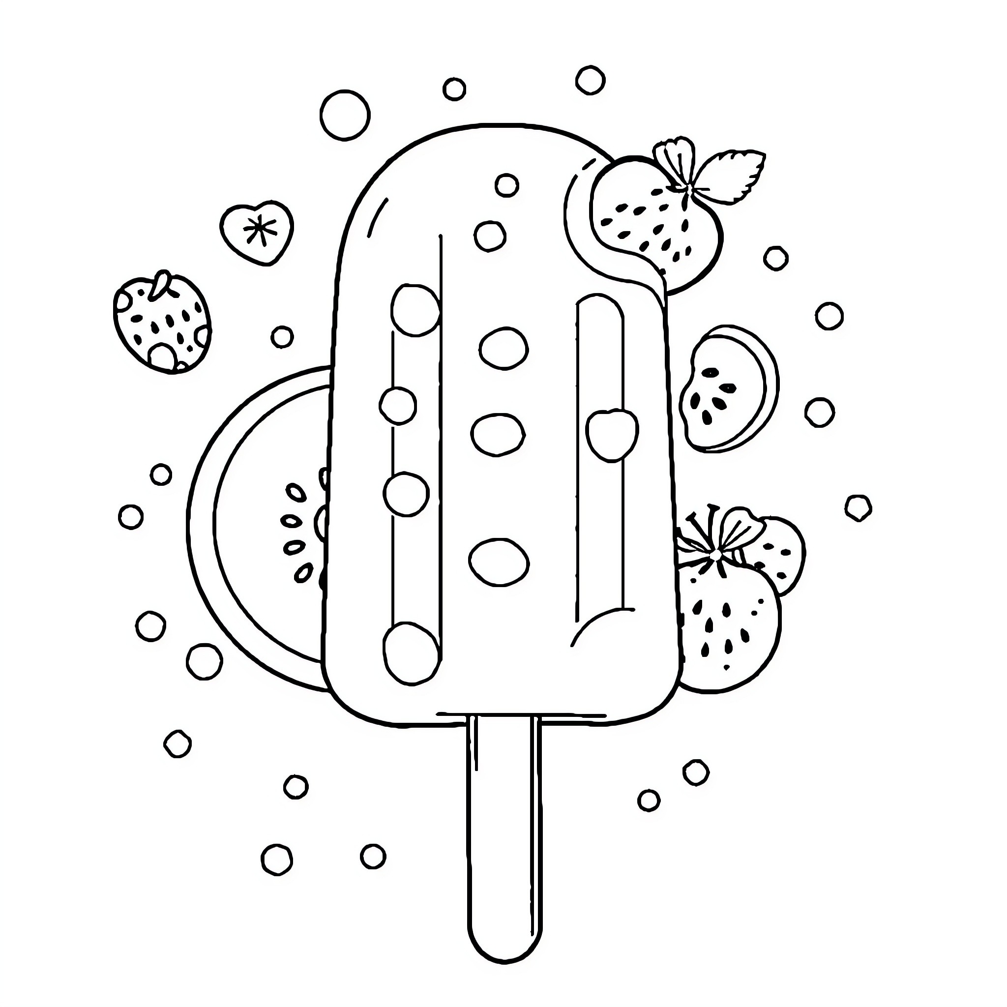 Popsicle with playful fruit and bubbles Coloring Page (free black-and-white line drawing printable PDF for all, from beginners to advanced learners, including children, teens, adults, and seniors)
