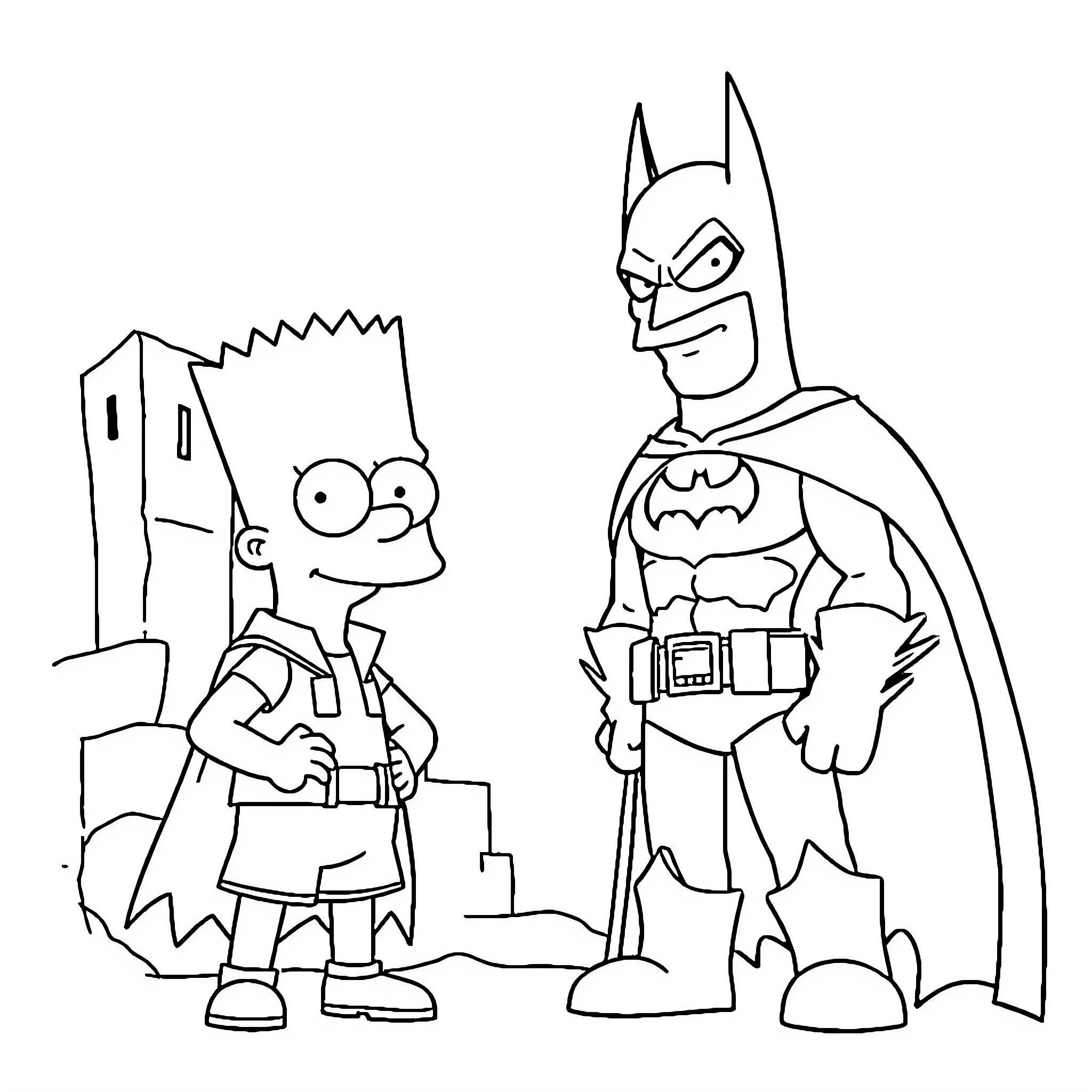 Bart Simpson meets Batman in the city Coloring Page (free black-and-white line drawing printable PDF for all, from beginners to advanced learners, including children, teens, adults, and seniors)