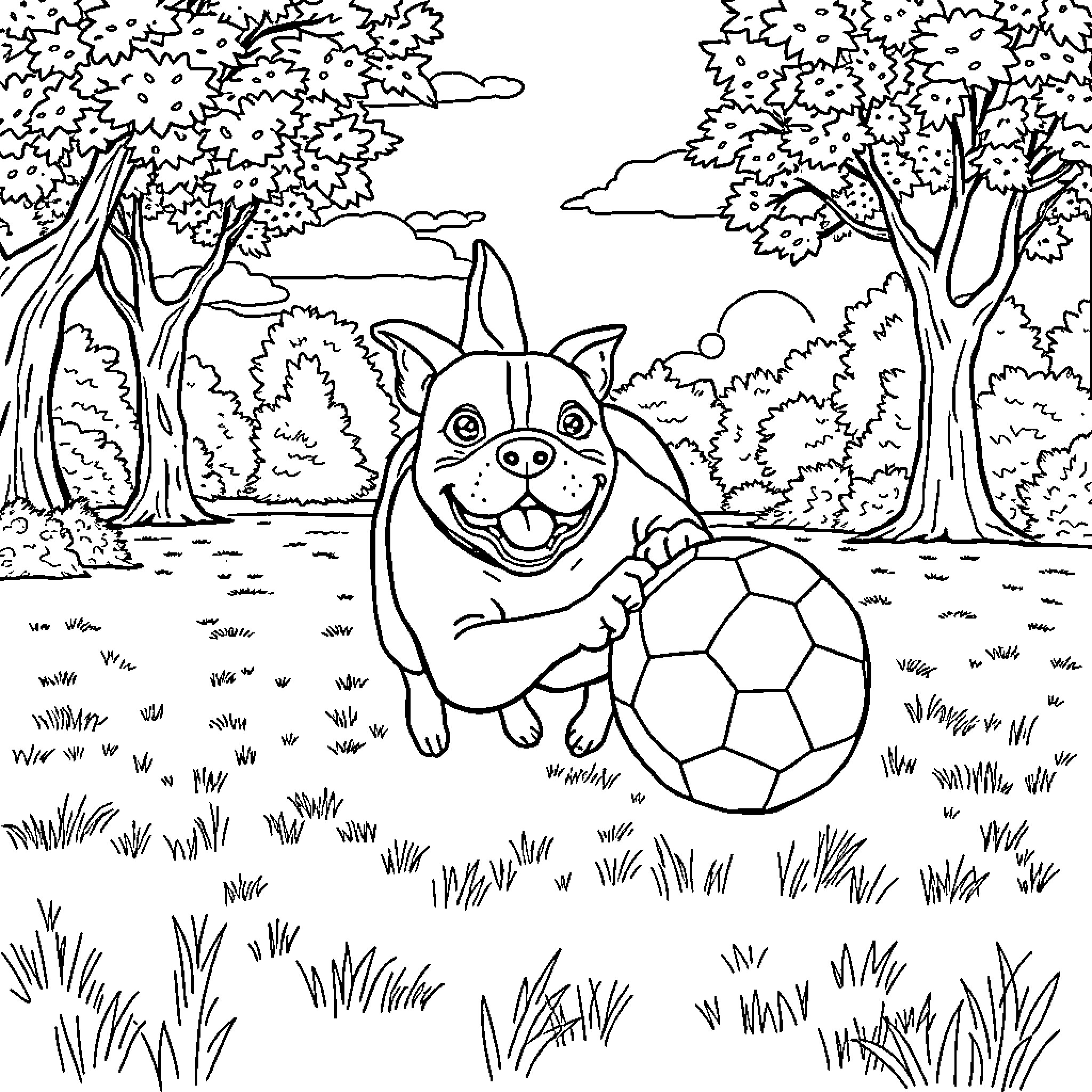 Pit Bull Playing Joyfully with Soccer Ball in Lush Landscape Coloring Page (free black-and-white line drawing printable PDF for all, from beginners to advanced learners, including children, teens, adults, and seniors)