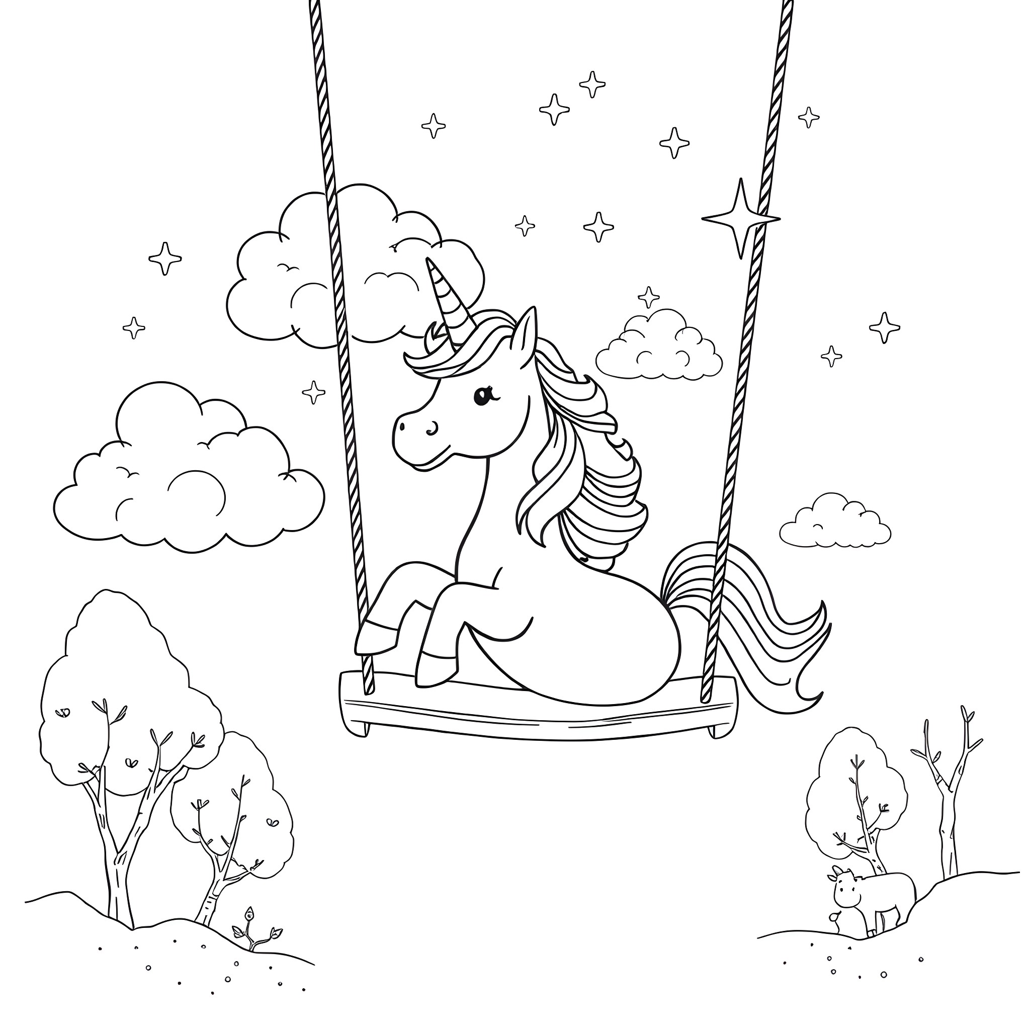 Unicorn swinging peacefully under the starry sky Coloring Page (free black-and-white line drawing printable PDF for all, from beginners to advanced learners, including children, teens, adults, and seniors)