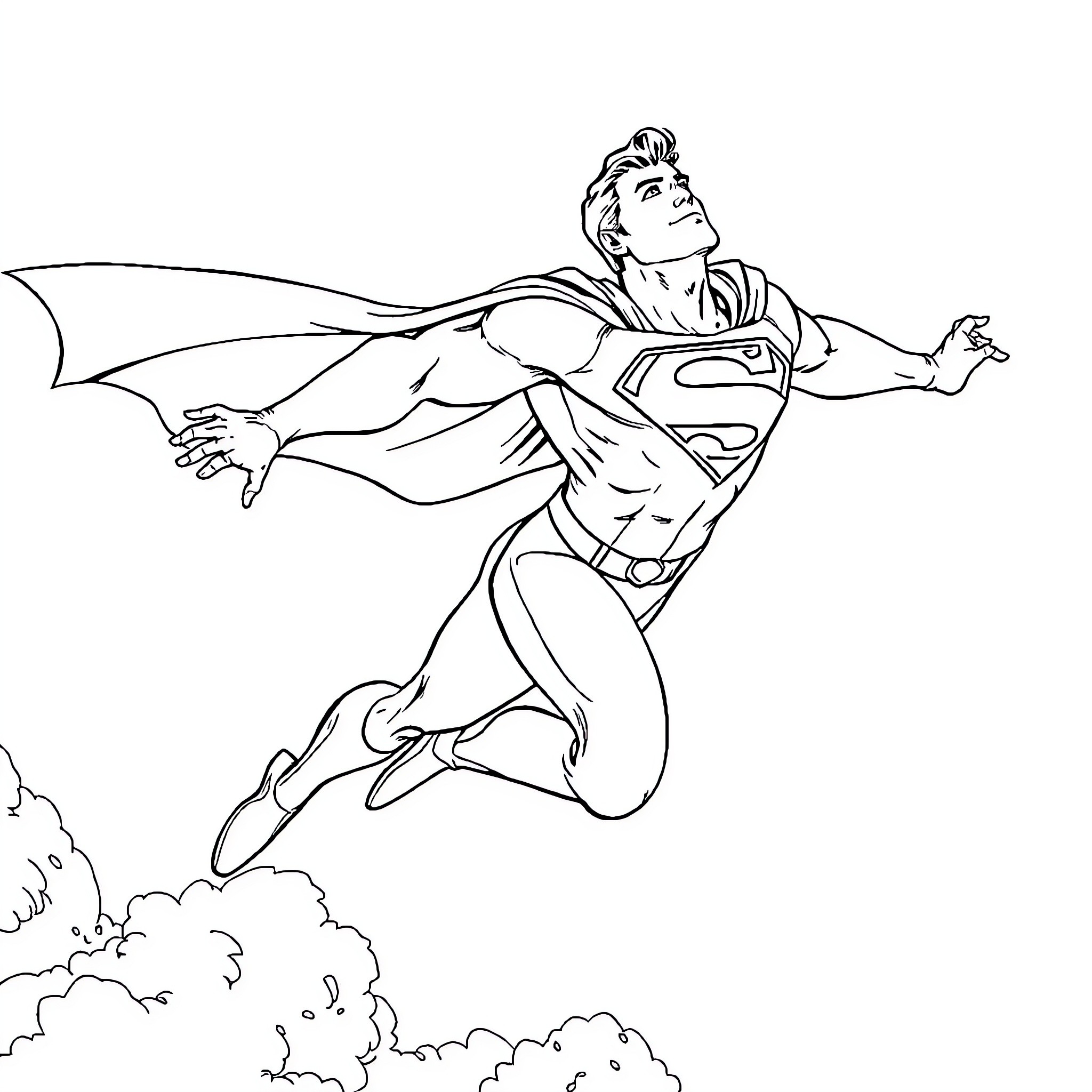 Superman soaring through the skies in action Coloring Page (free black-and-white line drawing printable PDF for all, from beginners to advanced learners, including children, teens, adults, and seniors)