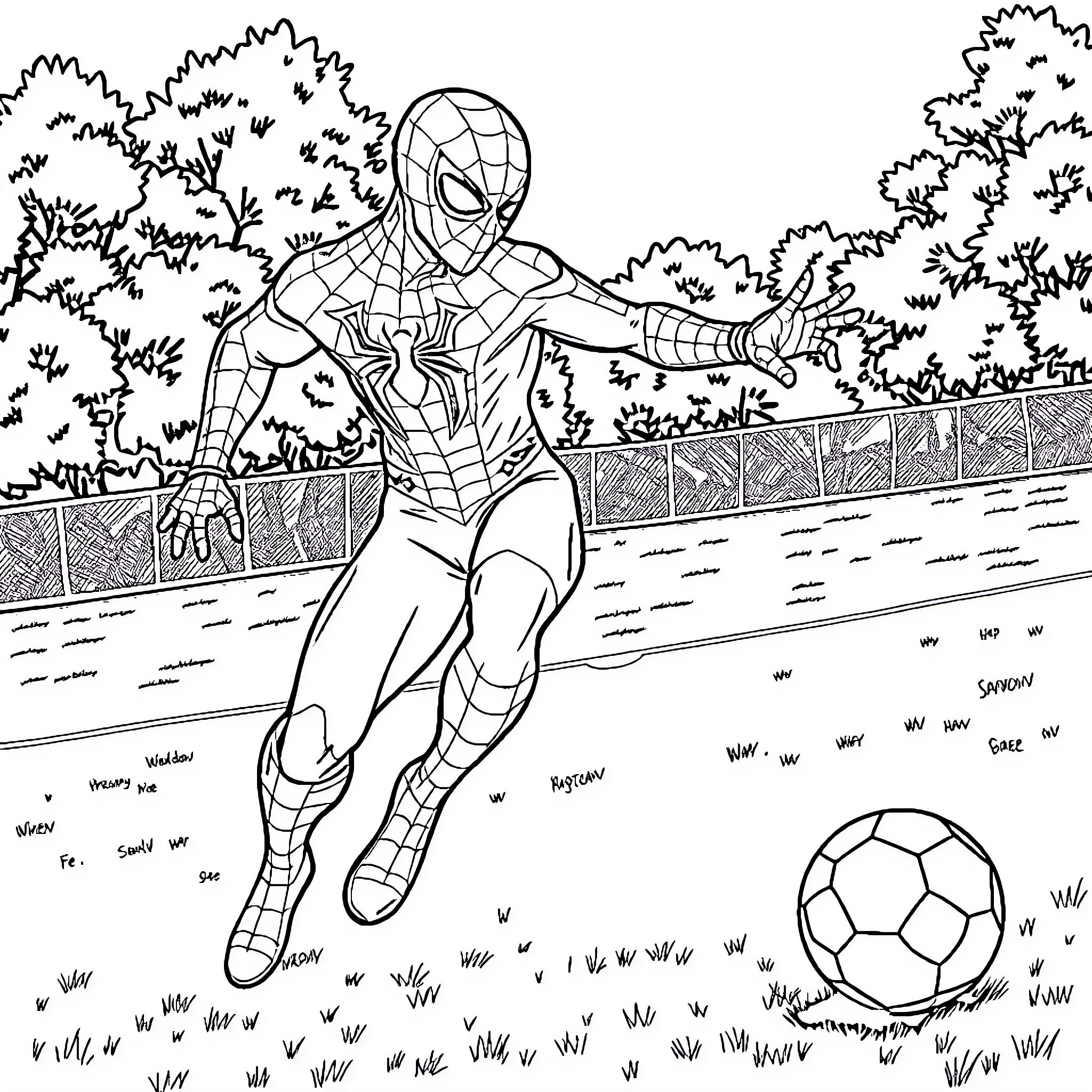 Spiderman playing with soccer ball in park Coloring Page (free black-and-white line drawing printable PDF for all, from beginners to advanced learners, including children, teens, adults, and seniors)