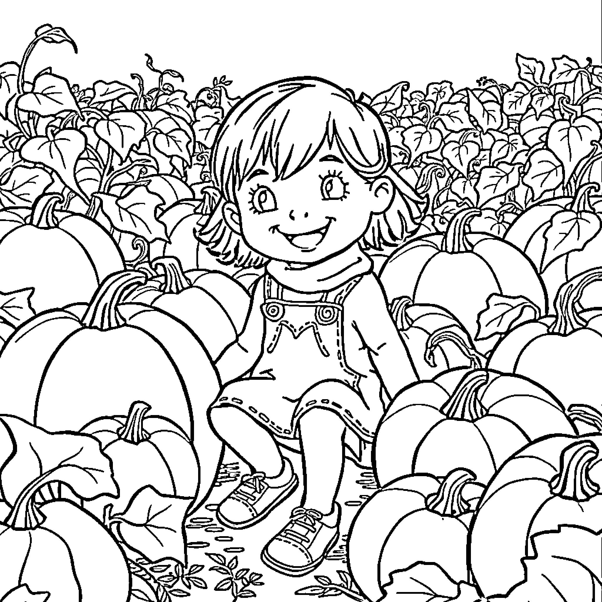 Girl Exploring Pumpkin Patch with Delight Coloring Page (free black-and-white line drawing printable PDF for all, from beginners to advanced learners, including children, teens, adults, and seniors)