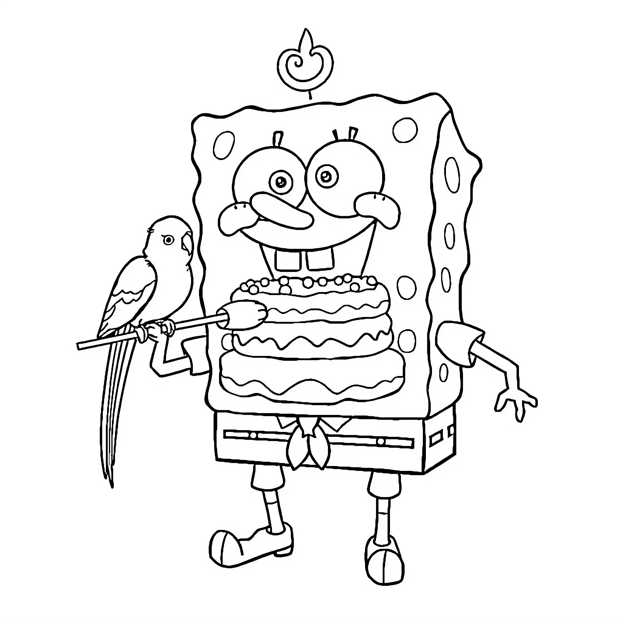 Spongebob holding a birthday cake with a parrot Coloring Page (free black-and-white line drawing printable PDF for all, from beginners to advanced learners, including children, teens, adults, and seniors)