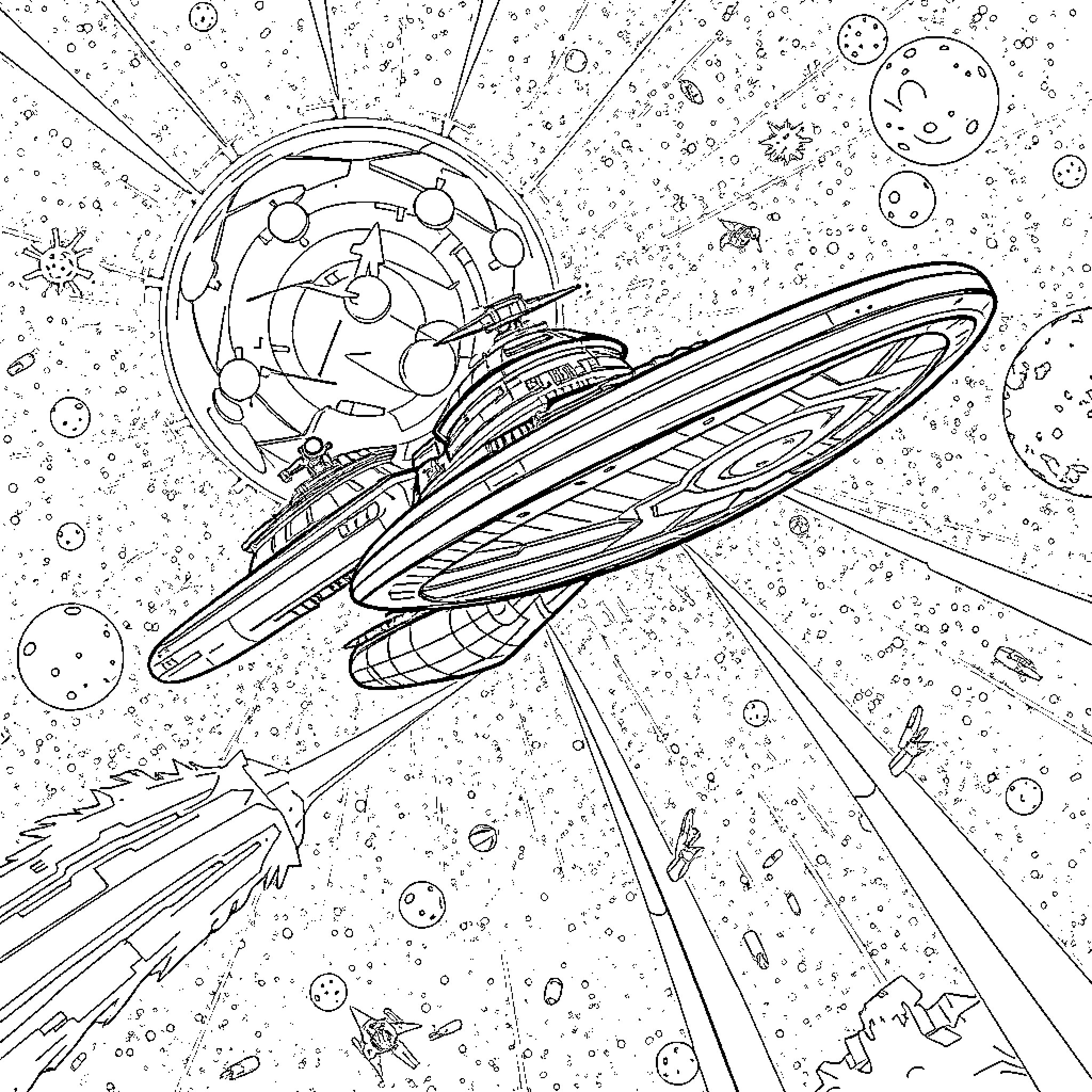 USS Enterprise exploring the vast expanse of space Coloring Page (free black-and-white line drawing printable PDF for all, from beginners to advanced learners, including children, teens, adults, and seniors)