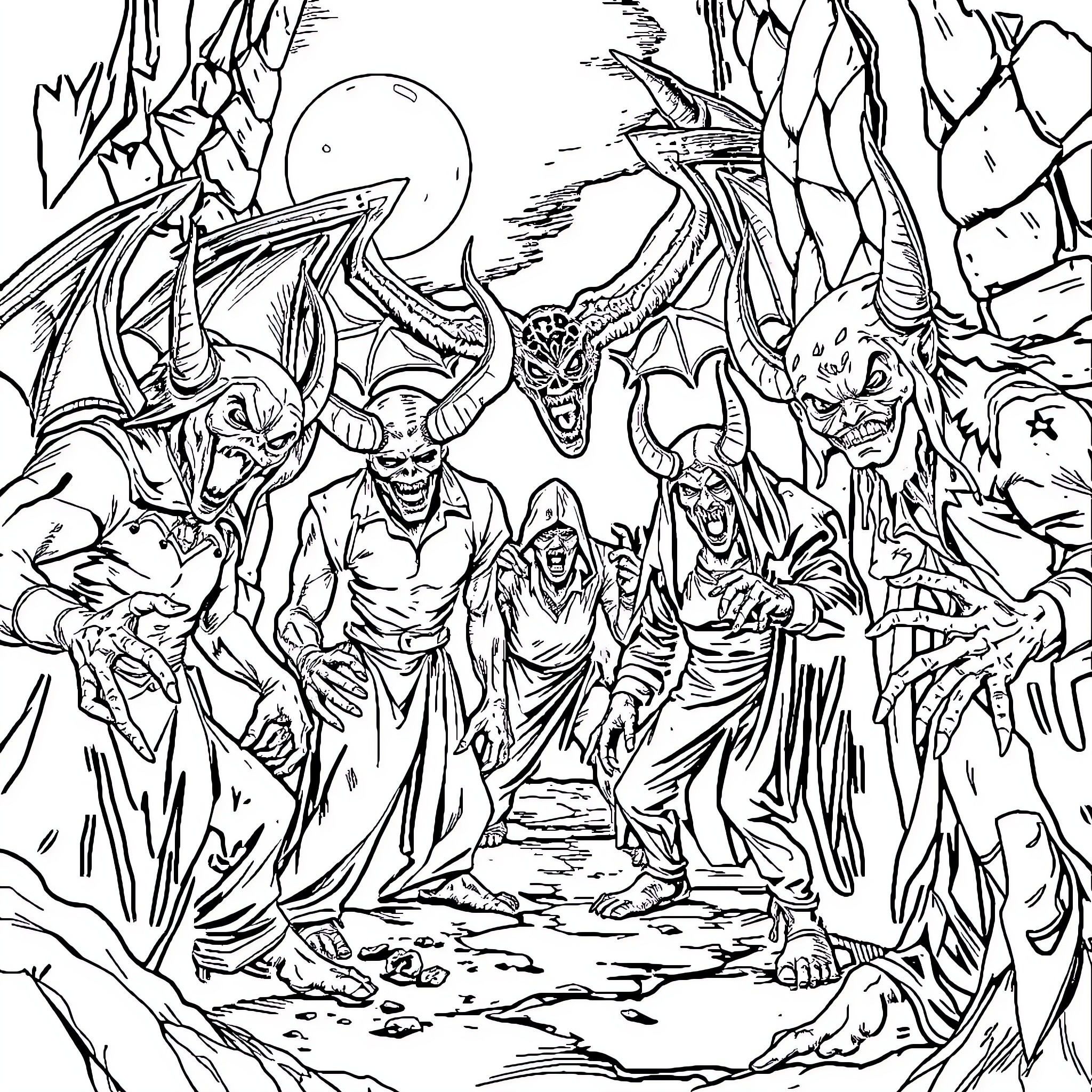 Demon Warriors Charging into Battle Coloring Page (free black-and-white line drawing printable PDF for all, from beginners to advanced learners, including children, teens, adults, and seniors)