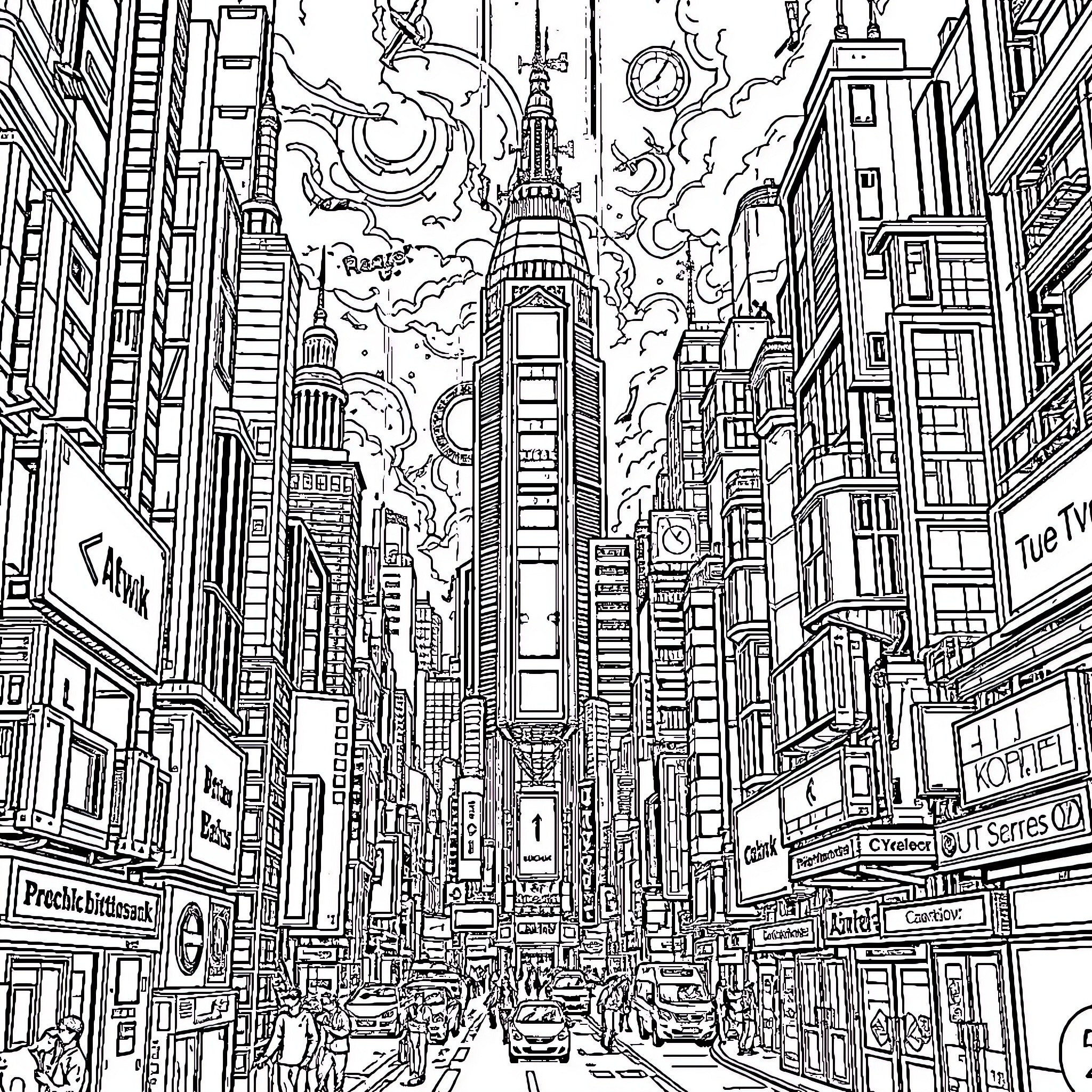 Cyberpunk City of Towering Skyscrapers and Busy Streets Coloring Page (free black-and-white line drawing printable PDF for all, from beginners to advanced learners, including children, teens, adults, and seniors)
