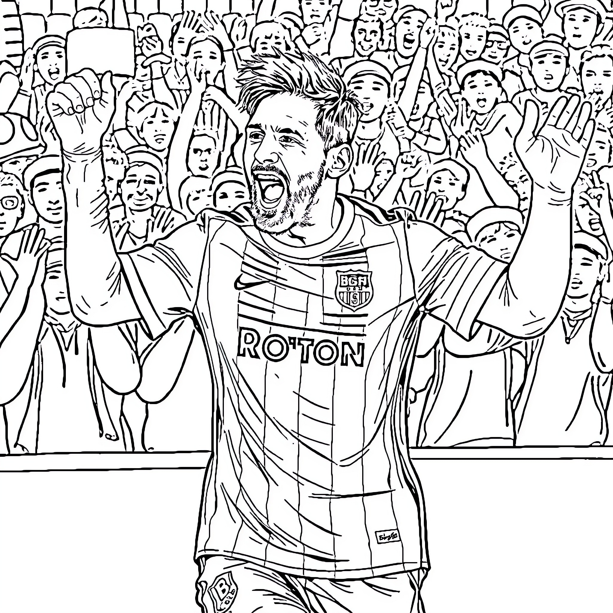 Messi celebrates with excited fans in the stadium Coloring Page (free black-and-white line drawing printable PDF for all, from beginners to advanced learners, including children, teens, adults, and seniors)