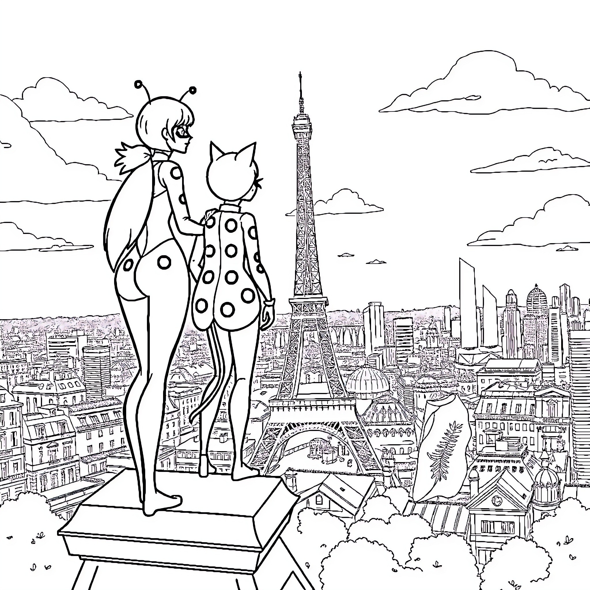 Ladybug explores the wonders of Paris Coloring Page (free black-and-white line drawing printable PDF for all, from beginners to advanced learners, including children, teens, adults, and seniors)