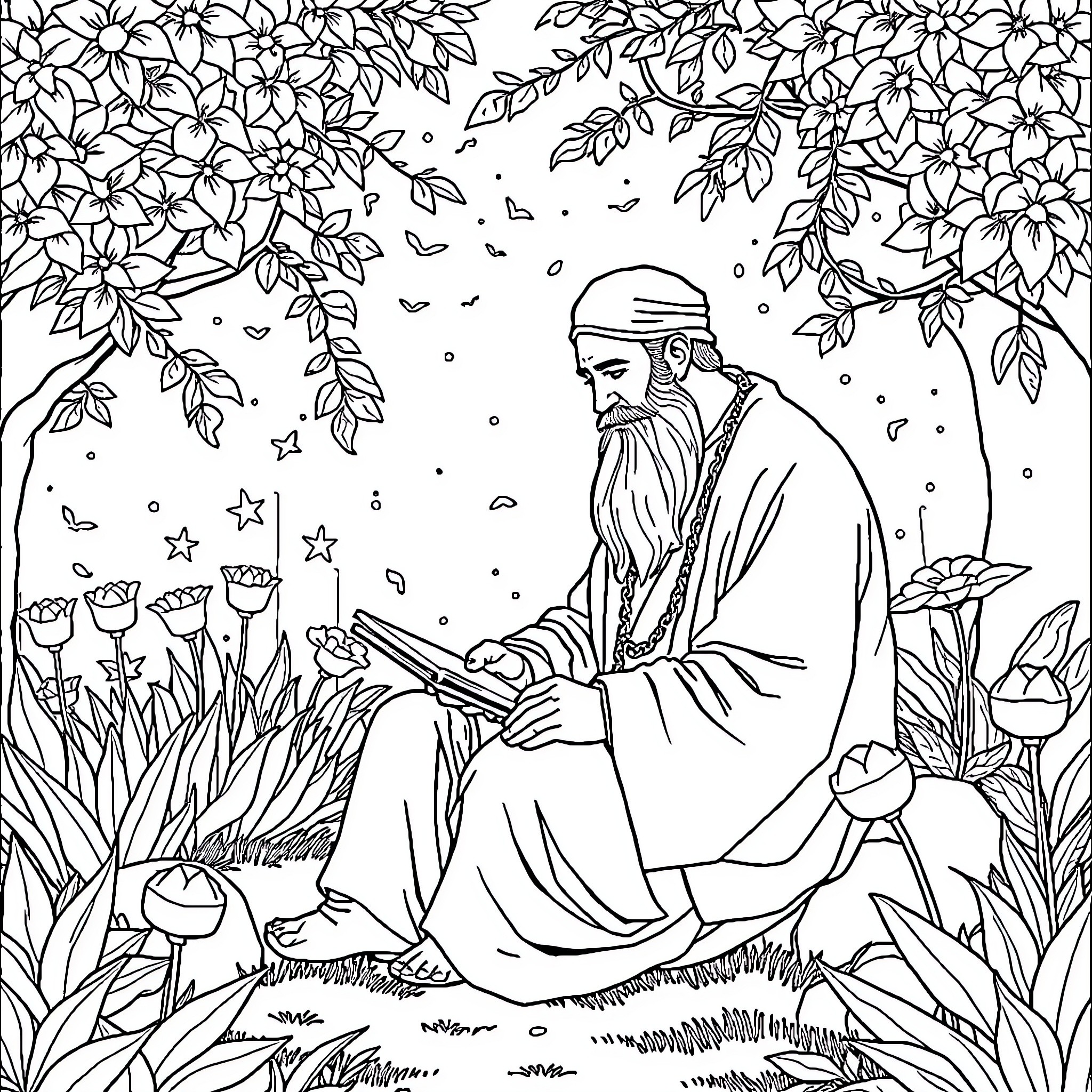 Rumi contemplating in a serene garden Coloring Page (free black-and-white line drawing printable PDF for all, from beginners to advanced learners, including children, teens, adults, and seniors)