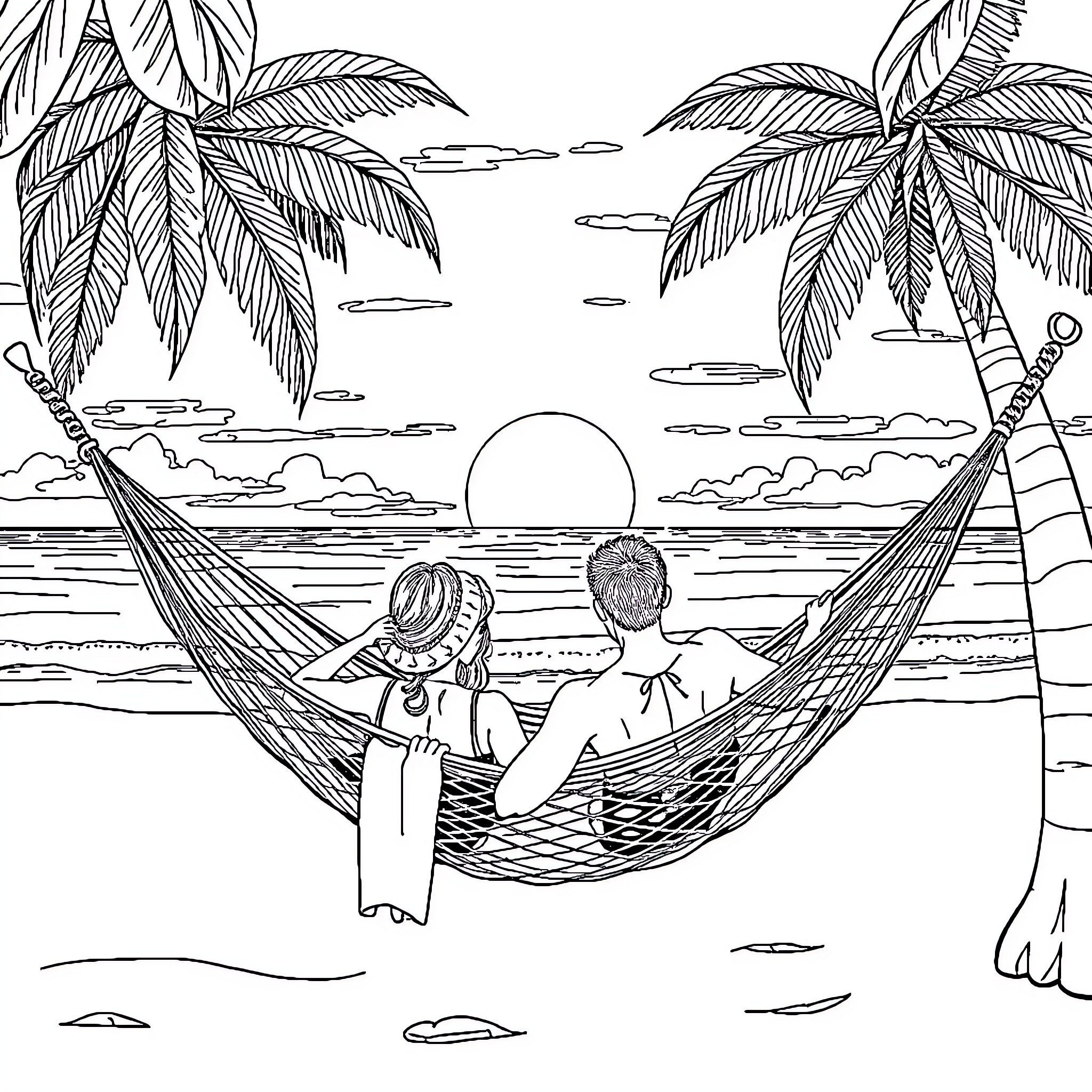 Couple relaxing in a hammock on the beach Coloring Page (free black-and-white line drawing printable PDF for all, from beginners to advanced learners, including children, teens, adults, and seniors)