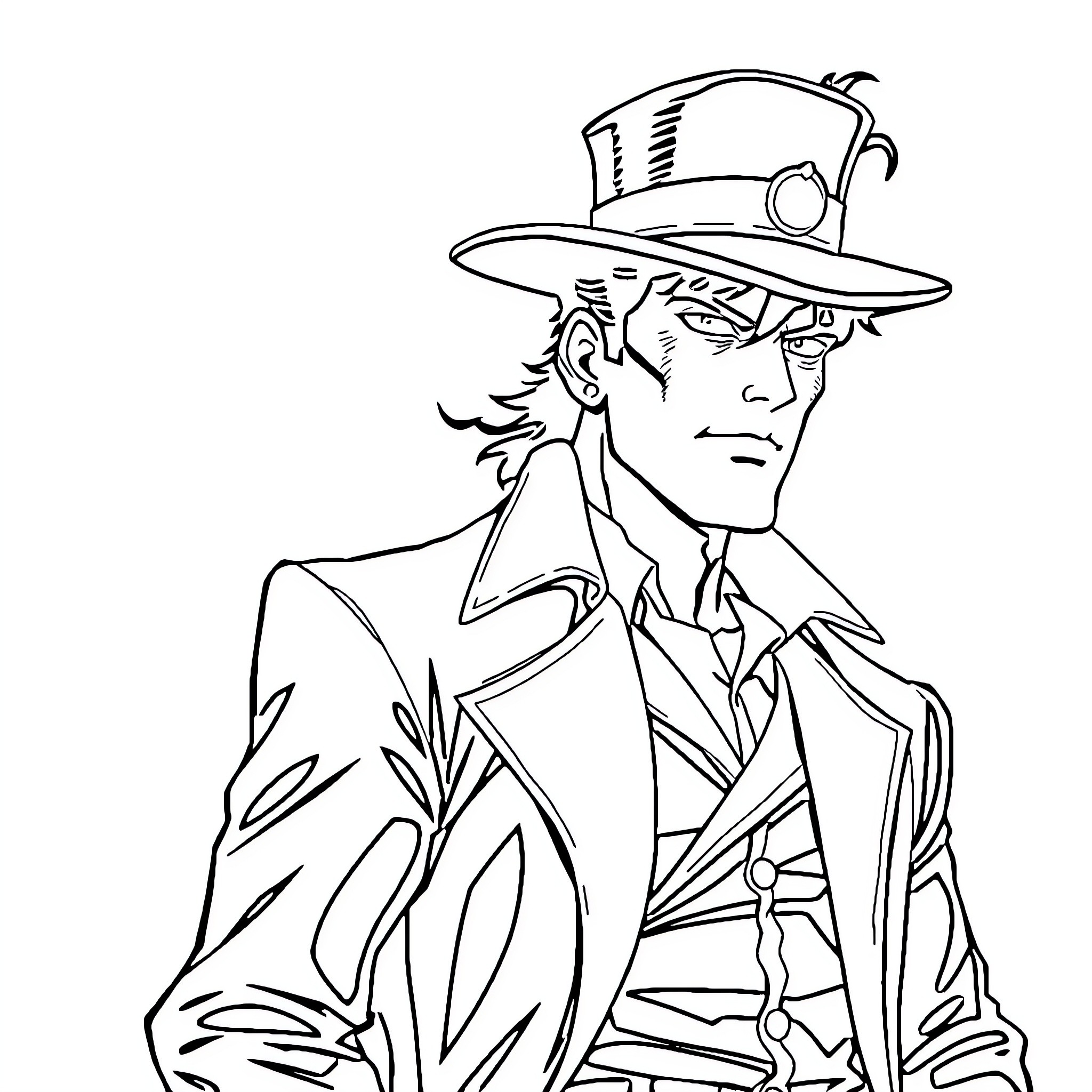 Jotaro Kujo in a formal attire with a distinctive hat Coloring Page (free black-and-white line drawing printable PDF for all, from beginners to advanced learners, including children, teens, adults, and seniors)