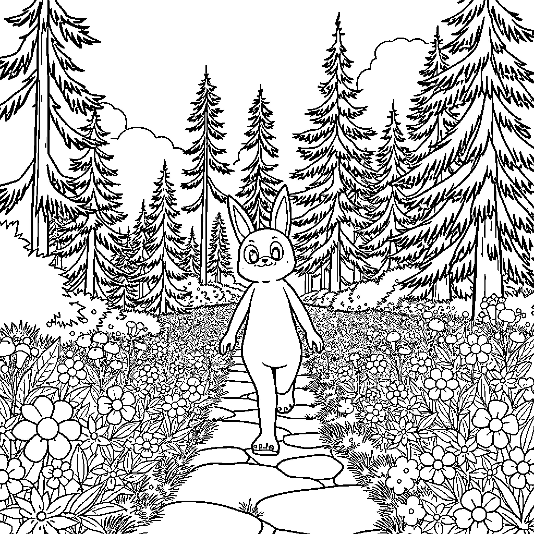 Nagatoro exploring the whimsical forest Coloring Page (free black-and-white line drawing printable PDF for all, from beginners to advanced learners, including children, teens, adults, and seniors)
